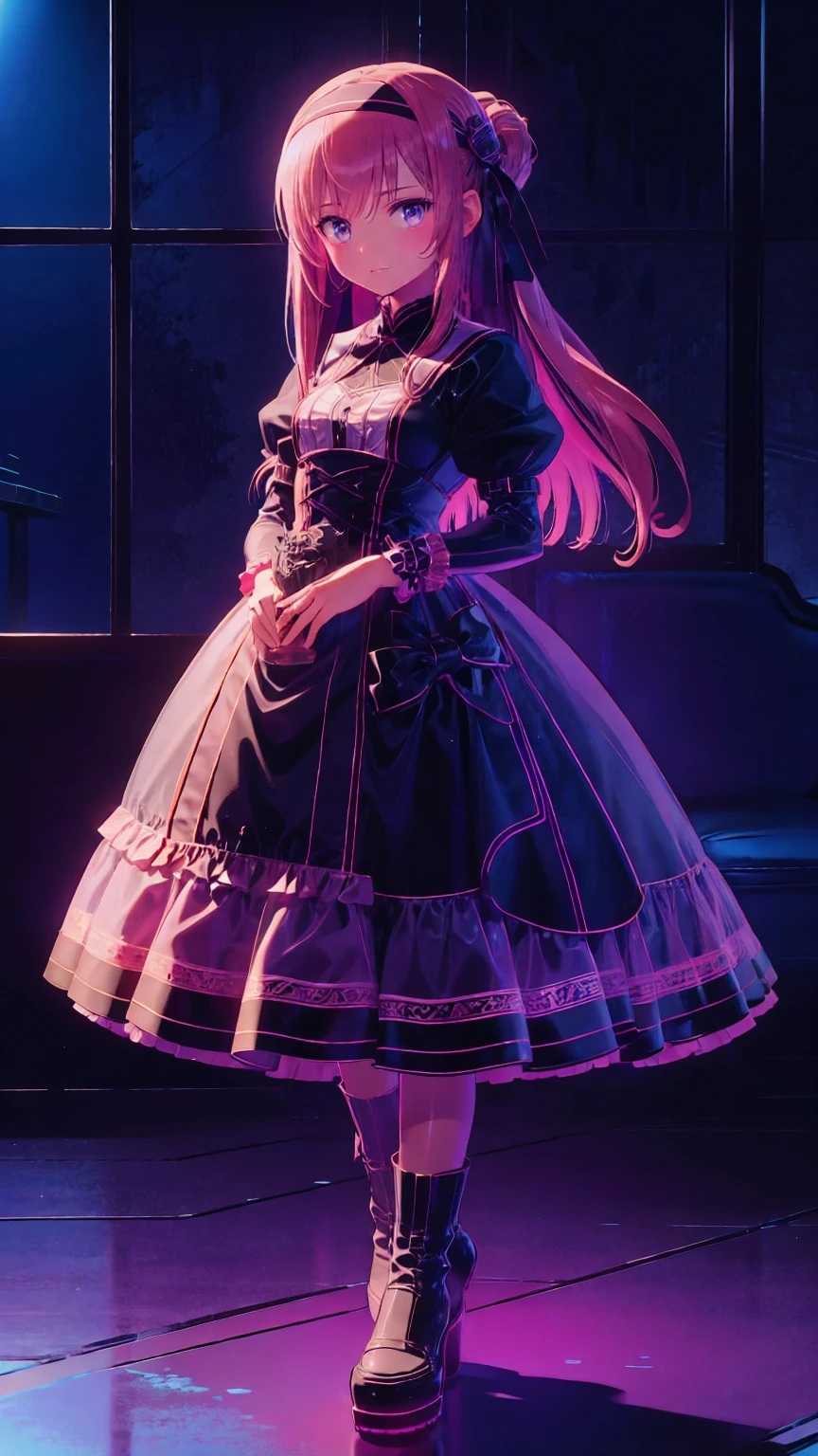   anime style 、story、、   pretty girl 、とてもcute天使、  pink gothic dress 、cute、、smile、  Long Skirt 、   black boots 、Very cute headband
