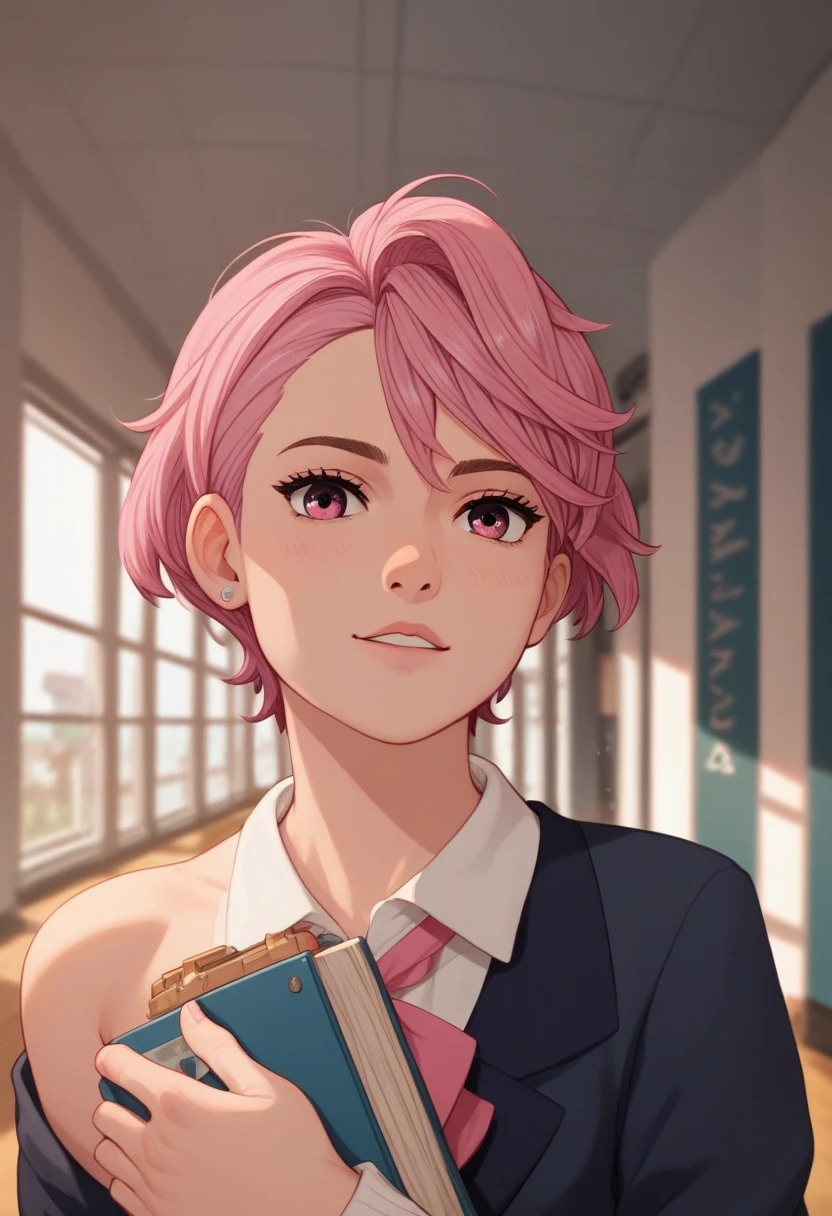 aira de dandadan,  short pink hair , student, abergonzada, 