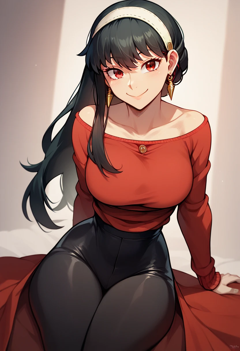 yor briar, black hair, red eyes, earrings, white hairband, hairband, long hair, sidelocks, front, friendly smile, warm smile, red clothes, black leggings, red sweater, 1 girl