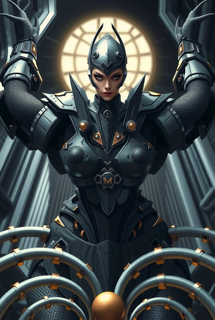 Depict The Borg Queen as a hybrid of technology and myth, her Ebony Eyes glinting with intelligence, evoking the enigmatic essence of the Demigog Mistress and the primal connection to her title as the Mother of Crows.