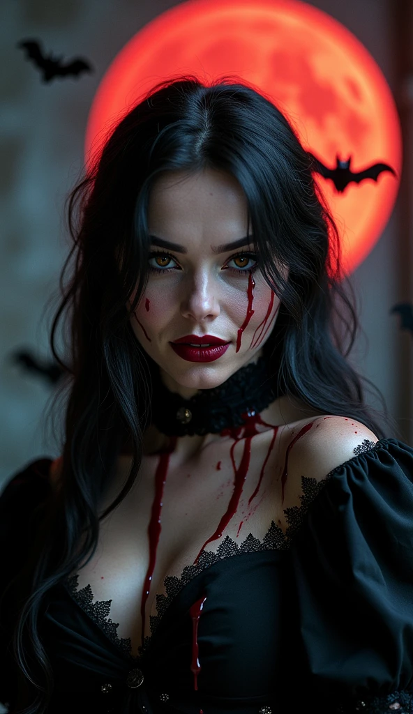 close up portrait of a cute woman (gldot) as Gothic sexy woman with blood dripping from her mouth beautiful vampire queen, vampire girl, Gothic horror vibes, beautiful female vampire queen, Guweiz-style art, dark fantasy mixed with realism, androgynous vampire, goth maiden anime girl, gothic aesthetic, female vampire, gothic art style
