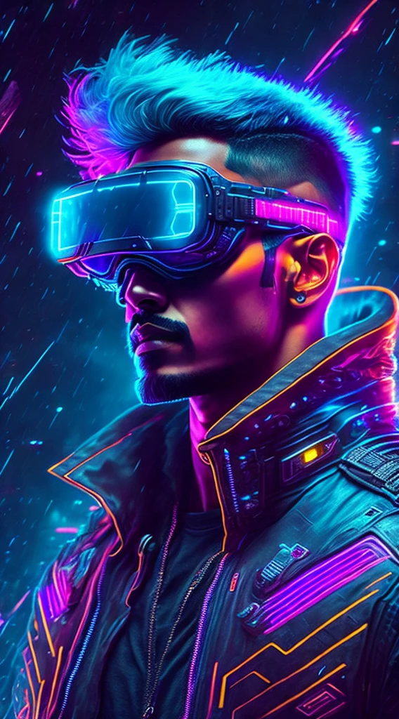 ((vijay with trendy goggle)), a man with bright blue hair and a yellow jacket, black and blue mohawk hairstyle, ultraviolet and neon colors, portrait color glamour, cyberpunk style color, cyberpunk with vibrant colors,  pink and neon blue , vibrant fan art, neon cyberpunk with vibrant colors, neon cyberpunk colors, cores synthwave!!, pop and vibrant colors, dark punk neon, Estilo Synthwave, 8K Vibrant Neon ColorsTechnological Advancements,brain computer interface,hoverboard,exoskeleton armor,dark and sandy streets,Fully immersive virtual reality,Scathing commentary on society,Shimmering cybernetic tattoos,Futuristic cyberspace,glitchy digital effects,virtual AI assistant,Hacker's den,multicolored LED lights,Nighttime precipitation,Explosive action scenes,Hidden Underground Rebel Base,Android companions。