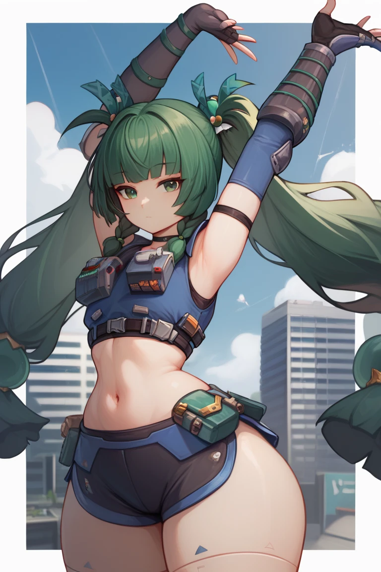 qingyi, green eyes, green hair, very long hair, twintails, blunt bangs, hair bobbles, side braids, hair ornament, robot joints, wide hips, big ass, thick thighs, fingerless gloves, black shorts, navel, choker, crop top, knee pads, elbow gloves, black sneakers, gauntlets, expressionless, out of frame, border, blue sky, building, perfect body, curvy female, stretching 