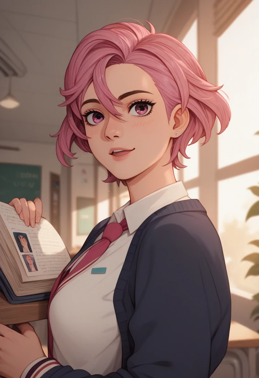 aira de dandadan,  short pink hair , student, abergonzada, innocent