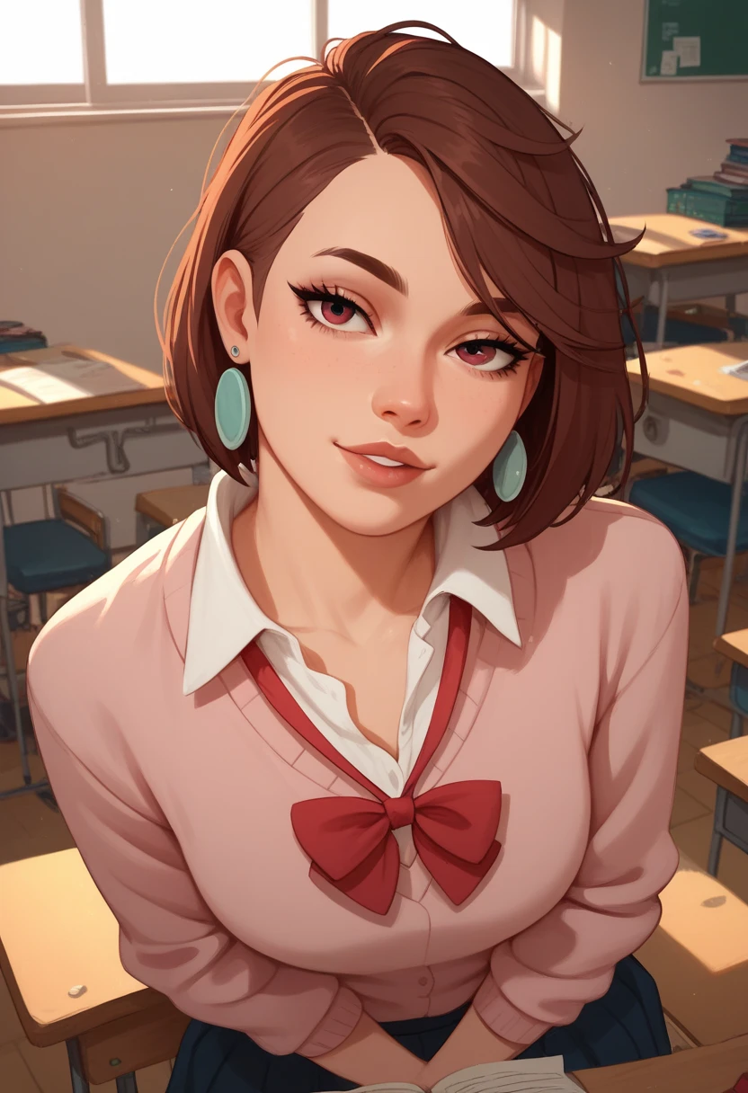 catalyst type,  short brown hair, student, seductive