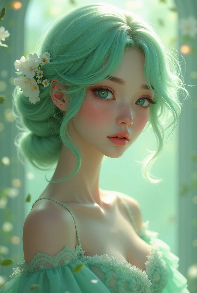 No hero, adult girl, with green hair with some vines, white and grey eyes, casual clothing that shows some of your chest, shy expression