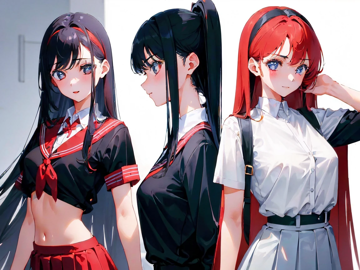  school uniform, Beautiful girl with strong lower body with short red hair , Slender body and elegant long black hair style . , Glamorous body with long blond hairstyle and black headband,Three beautiful girls, absurd,  high resolution,  The highly detailed , HDR, masterpiece,  best quality,  extremely detailed faces, delicate features,#Three people,#Three characters ,3 girls,((3 girls)) (3 girls: 2.1) 3 people each have a different hair style color ,japan ,schoolgirl ,Looking at Me ,smiling face,Sternum, high resolution, masterpiece, accurate,  Top Quality,  high detail,  Looking at viewers, Beauty, Clear Eyes ,Long hair,Big Haired ,(( Top Quality, Amazing quality,  is very aesthetic,  high resolution, Correction , soft lines,  Excellent Color , shiny skin  ))Tsundere　 female main 　The background is blurry ,　,Gweiz's style artwork、 beautiful animation、 Alone　、 beautiful animation girl、 beautiful animation girl、 anime girl 、 anime style 。8k、 Bowater's art style 、 Beautiful digital illustration 、 beautiful character painting 、 Stunning Anime Face Portrait  ,  official artwork , Lopa girl,  Lofi art style ,, Half-fish , Anime atmosphere, 富士フイルムと混ぜた anime style , Digital animation illustration,  animated wallpaper 4k ,　school