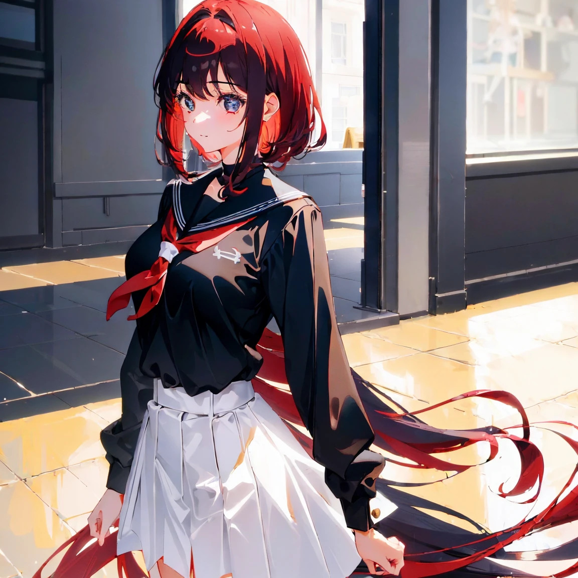  school uniform, Beautiful girl with strong lower body with short red hair , Slender body and elegant long black hair style . , Glamorous body with long blond hairstyle and black headband,Three beautiful girls, absurd,  high resolution,  The highly detailed , HDR, masterpiece,  best quality,  extremely detailed faces, delicate features,#Three people,#Three characters ,3 girls,((3 girls)) (3 girls: 2.1) 3 people each have a different hair style color ,japan ,schoolgirl ,Looking at Me ,smiling face,Sternum, high resolution, masterpiece, accurate,  Top Quality,  high detail,  Looking at viewers, Beauty, Clear Eyes ,Long hair,Big Haired ,(( Top Quality, Amazing quality,  is very aesthetic,  high resolution, Correction , soft lines,  Excellent Color , shiny skin  ))Tsundere　 female main 　The background is blurry ,　,Gweiz's style artwork、 beautiful animation、 Alone　、 beautiful animation girl、 beautiful animation girl、 anime girl 、 anime style 。8k、 Bowater's art style 、 Beautiful digital illustration 、 beautiful character painting 、 Stunning Anime Face Portrait  ,  official artwork , Lopa girl,  Lofi art style ,, Half-fish , Anime atmosphere, 富士フイルムと混ぜた anime style , Digital animation illustration,  animated wallpaper 4k ,　school