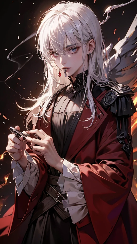 8k, masterpiece, best quality, highly detailed, 1 male, warlock, white hair, sinister, gloomy, red and black trench clothes, thin, close up view, rings, looking at viewer, standing, holding pistol, smoking cigarettes, female devil over shoulder, pistol.