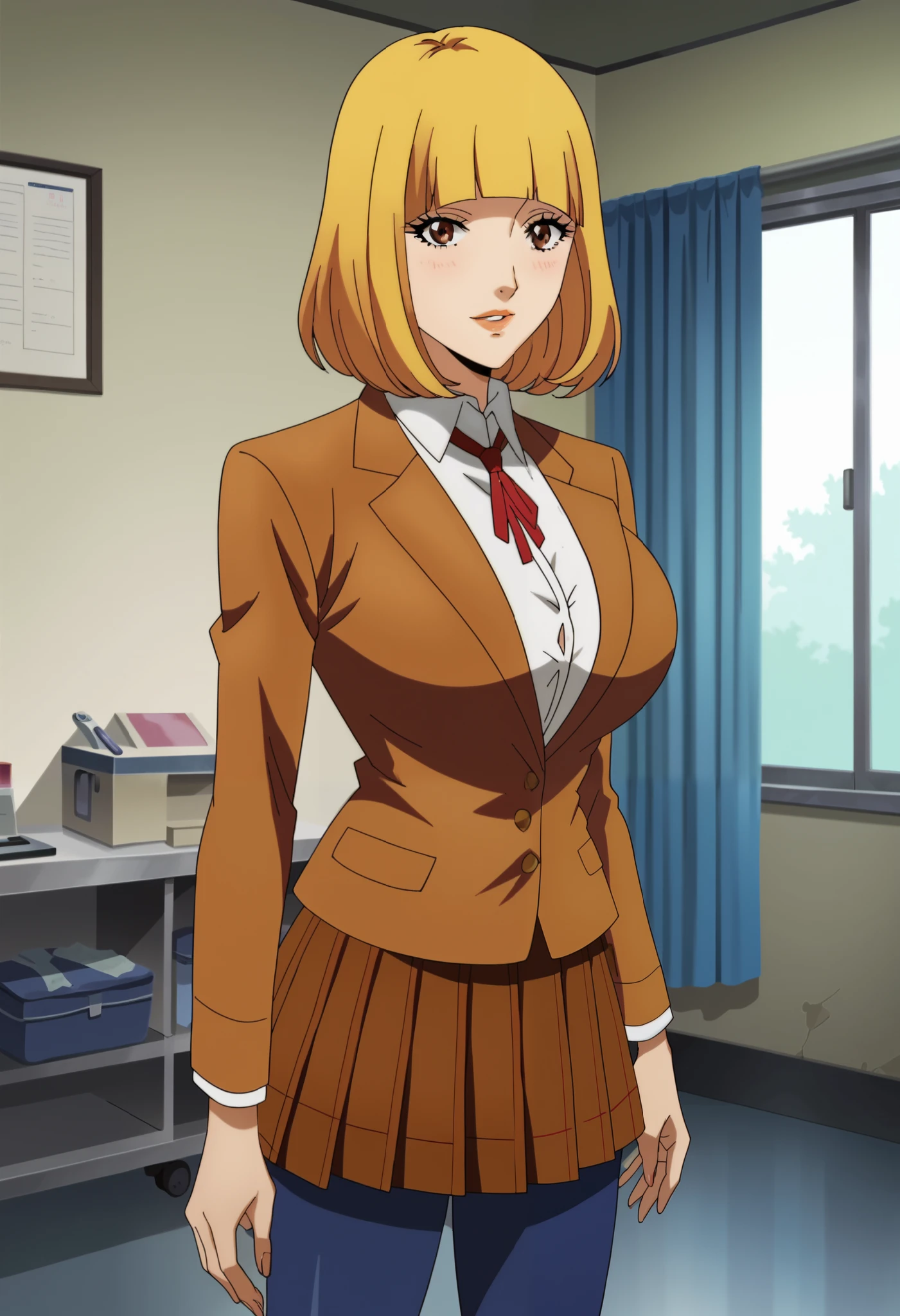 score_9, score_8_up, score_7_up, score_6_up, score_5_up, score_4_up, masterpiece, best quality, very aesthetic, absurdres, source_anime, anime screencap, 1990s \(style\), BREAK (1girl), hana midorikawa, brown eyes, blonde hair, bang, blunt bangs, school uniform, jersey long pants under skirt, ultra huge breasts, ultra huge cleavage, ultra huge tits, ultra huge boob, indoors, ultra realistic interior of school’s nurse office room, ultra realistic interior of health room in school room, standing, close up angle, zoom up angle,