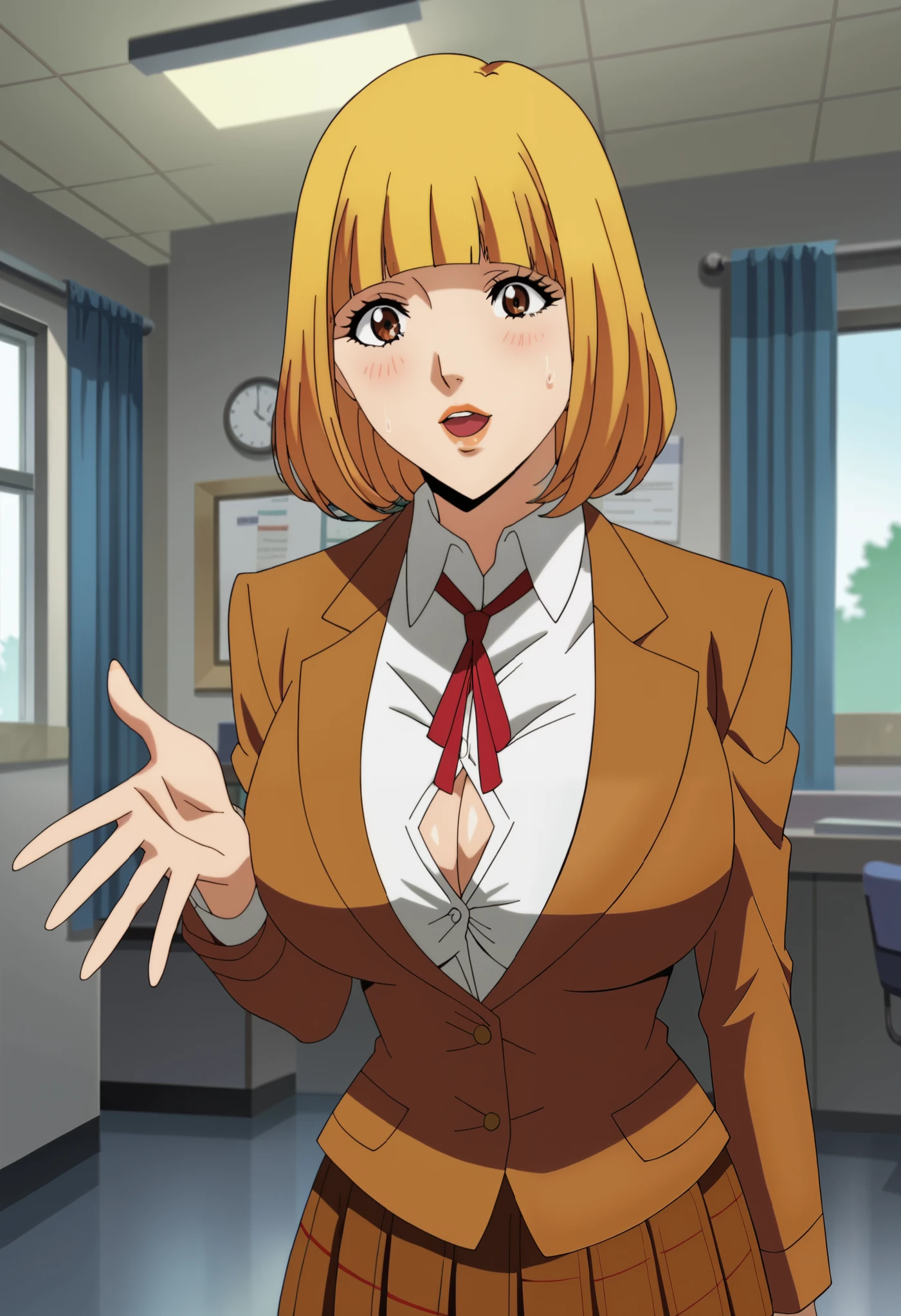 score_9, score_8_up, score_7_up, score_6_up, score_5_up, score_4_up, masterpiece, best quality, very aesthetic, absurdres, source_anime, anime screencap, 1990s \(style\), BREAK (1girl), hana midorikawa, brown eyes, blonde hair, bang, blunt bangs, school uniform, jersey long pants under skirt, ultra huge breasts, ultra huge cleavage, ultra huge tits, ultra huge boob, indoors, ultra realistic interior of school’s nurse office room, ultra realistic interior of health room in school room, standing, close up angle, zoom up angle,