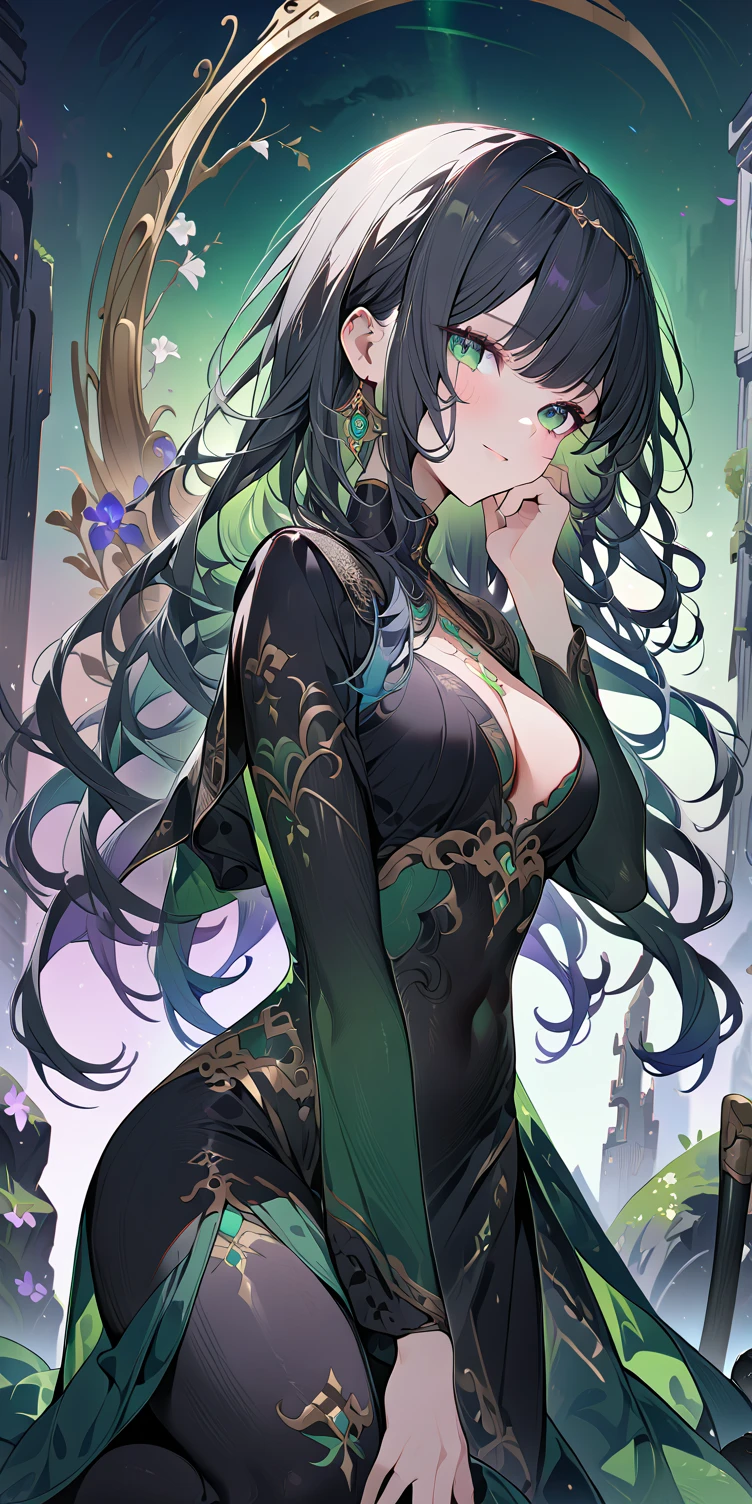 1girl, slender body, large breast, Kneeling pose, 
Crawling Position, stick out butt, 

very long flowing hair with soft waves, (coal black hair:1.4), [(gradient hair from black to emerald green :1.4):0.4], (dark jade inner hair:1.2), emerald green eyes, mysterious and reserved expression, floor-length cloak with intricate embroidery, silver circlet,

break, Kneeling pose, (cowboy shot:1.5), 
break, dreamy background, iris flower, petal, contrapposto, gentle smile, look at viewer, soft focus, lens flare, masterpiece, best quality, pastel tones, lace details, ultra-detailed texture, perfect composition, high resolution, sharp focus, delicate brushwork, Vector Art, 2D flat, sleek design, , Dream Scenery,
deep dark tones, vibrant accents, professional graphics, simple shapes, flat colors, additional XL elements, and a dreamy, fantastical scenery,((4k,8k,Ultra HD)),((Masterpiece :1.2)),((Best quality :1.2)),((Detailed :1.5)),((Detailed background :1.5))