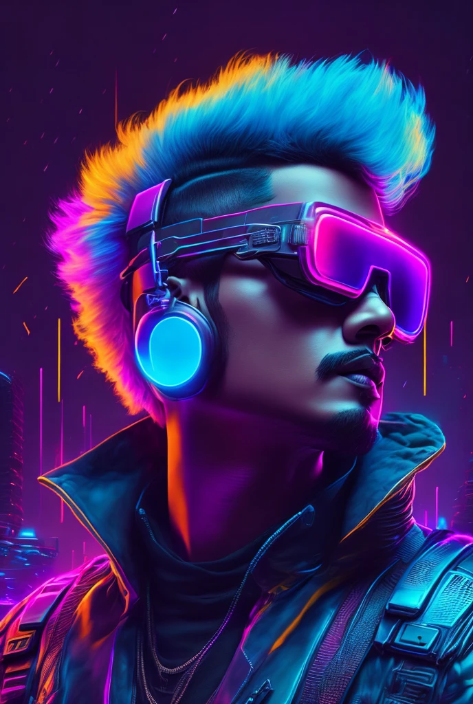 ((vijay with trendy sunglasses)), a man with bright blue hair and a yellow jacket, black and blue mohawk hairstyle, ultraviolet and neon colors, portrait color glamour, cyberpunk style color, cyberpunk with vibrant colors, pink and neon blue , vibrant fan art, neon cyberpunk with vibrant colors, neon cyberpunk colors, cores synthwave!!, pop and vibrant colors, dark punk neon, Estilo Synthwave, 8K Vibrant Neon ColorsTechnological Advancements,brain computer interface,hoverboard,exoskeleton armor,dark and sandy streets,Fully immersive virtual reality,Scathing commentary on society,Shimmering cybernetic tattoos,Futuristic cyberspace,glitchy digital effects,virtual AI assistant,Hacker's den,multicolored LED lights,Nighttime precipitation,Explosive action scenes,Hidden Underground Rebel Base,Android companions。
