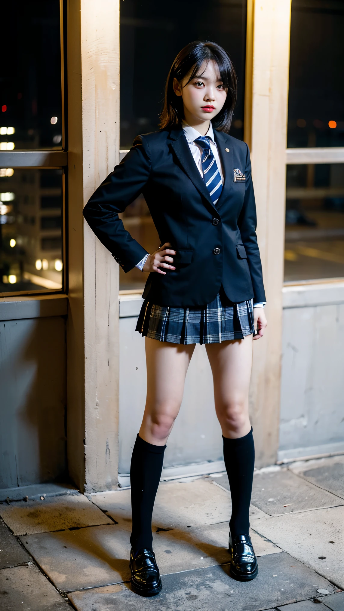 a girl in a school uniform, black checkered mini skirt, blazer, knee high socks, loafers, bob hair, black background:1.5, standing, legs apart, facing the camera, hand on hip, cute, (best quality,4k,8k,highres,masterpiece:1.2),(realistic,photorealistic,photo-realistic:1.37),1girl,((black checkered miniskirt,school uniform,blazer,navy socks,loafers,medium hair,garden,frontal view,looking at camera,hand on hip)),kawaii