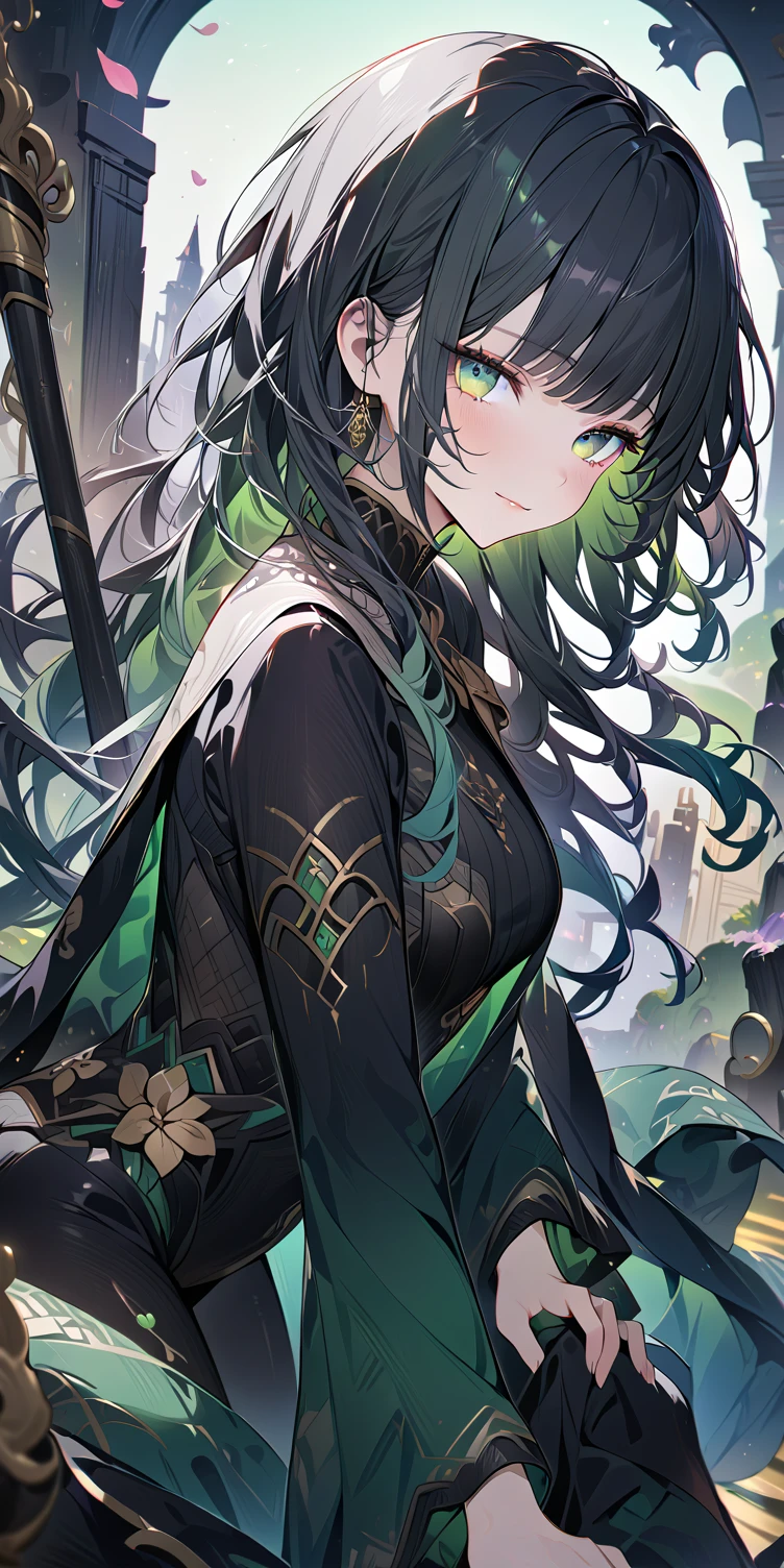 1girl, slender body, large breast, Kneeling pose, 
Crawling Position, stick out butt, 

very long flowing hair with soft waves, (coal black hair:1.4), [(gradient hair from black to emerald green :1.4):0.4], (dark jade inner hair:1.2), emerald green eyes, mysterious and reserved expression, floor-length cloak with intricate embroidery, silver circlet,

break, Kneeling pose, (cowboy shot:1.5), 
break, dreamy background, iris flower, petal, contrapposto, gentle smile, look at viewer, soft focus, lens flare, masterpiece, best quality, pastel tones, lace details, ultra-detailed texture, perfect composition, high resolution, sharp focus, delicate brushwork, Vector Art, 2D flat, sleek design, , Dream Scenery,
deep dark tones, vibrant accents, professional graphics, simple shapes, flat colors, additional XL elements, and a dreamy, fantastical scenery,((4k,8k,Ultra HD)),((Masterpiece :1.2)),((Best quality :1.2)),((Detailed :1.5)),((Detailed background :1.5))