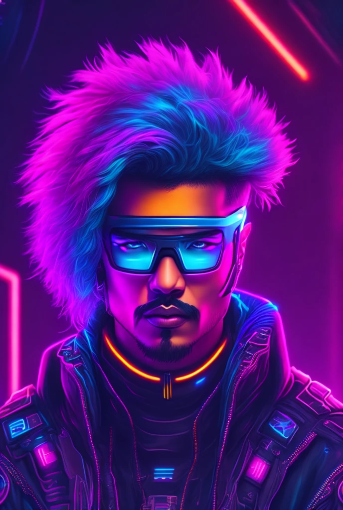 ((vijay with trendy outfit)), a man with bright blue hair and a yellow jacket, 1man black and blue mohawk hairstyle, ultraviolet and neon colors, portrait color glamour, cyberpunk style color, cyberpunk with vibrant colors, pink and neon blue , vibrant fan art, neon cyberpunk with vibrant colors, neon cyberpunk colors, cores synthwave!!, pop and vibrant colors, dark punk neon, Estilo Synthwave, 8K Vibrant Neon ColorsTechnological Advancements,brain computer interface,hoverboard,exoskeleton armor,dark and sandy streets,Fully immersive virtual reality,Scathing commentary on society,Shimmering cybernetic tattoos,Futuristic cyberspace,glitchy digital effects,virtual AI assistant,Hacker's den,multicolored LED lights,Nighttime precipitation,Explosive action scenes,Hidden Underground Rebel Base,Android companions。
