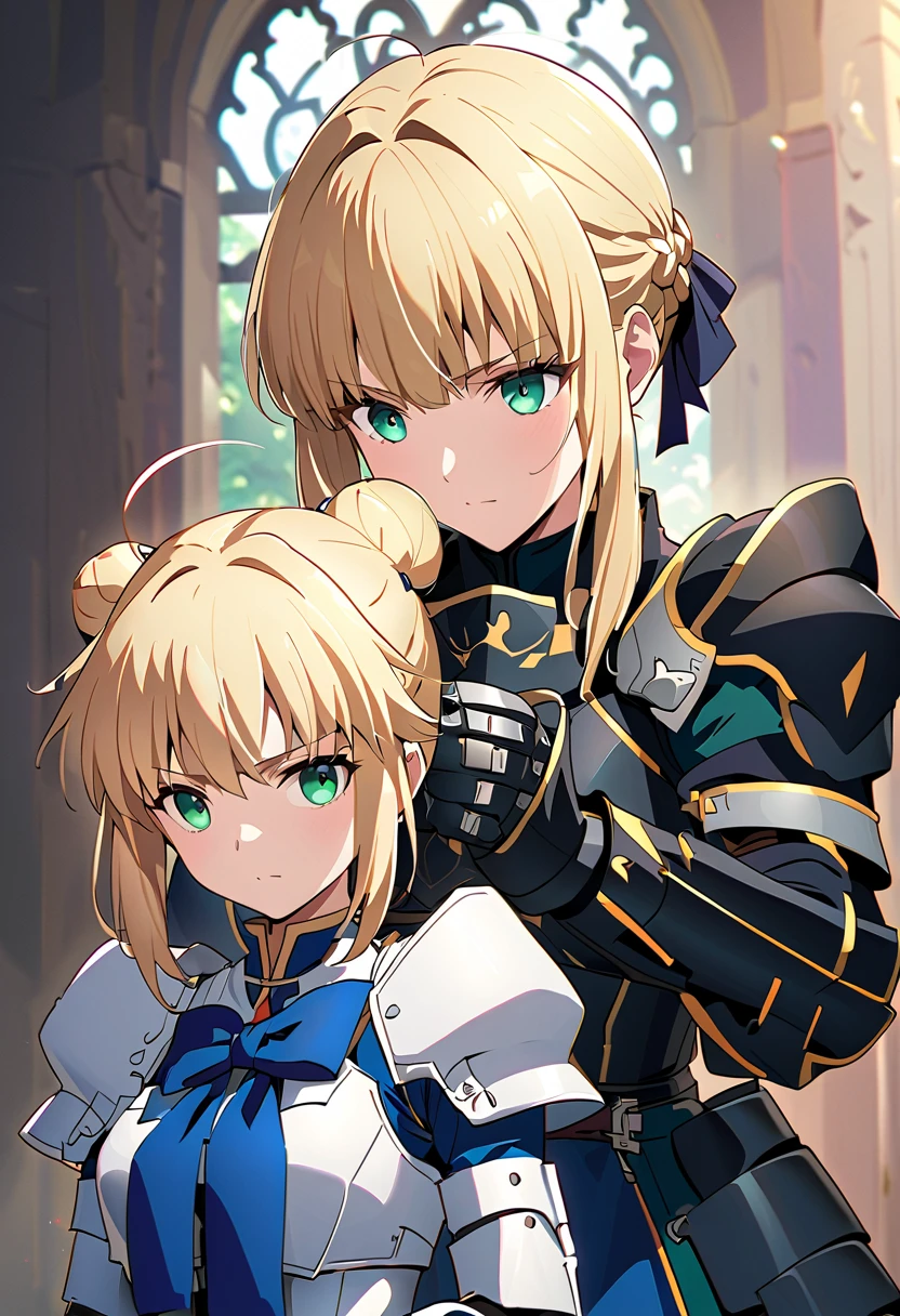  Altria Pendragon、 Altria Pendragon \(fate\)、Saber、Blonde、Green Eyes、Ahoge、 side lock、
 bun hair 、シングル bun hair 、 braids 、 dress、ribbon、ヘアribbon、armor、 gauntlet 、armor付き dress、