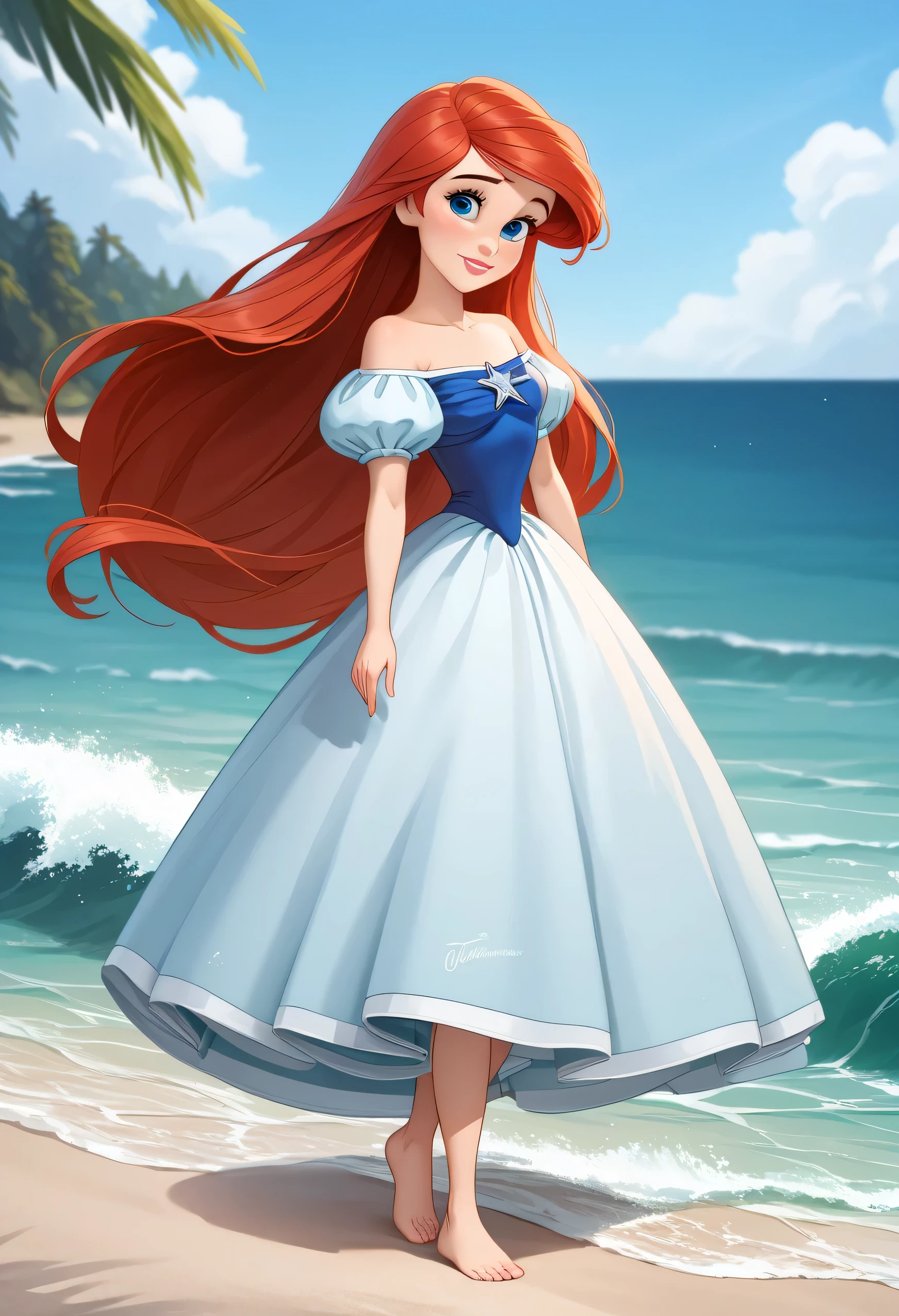 score_9, score_8_up, score_7_up, DisneyAriel, 1girl, red hair, blue eyes, long hair, looking at viewer, on a white strapless off the shoulders ruffle maxi dress, walking barefoot on a sandy beach, waves gently lapping at the shore, vibrant sunrise with pink and orange hues, relaxed and contemplative atmosphere