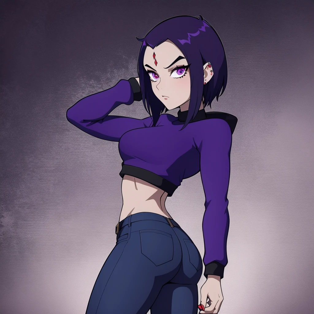 Raven, teen titans, purple sweater, jeans, jeans, jeans, nice ass, goth girl, autumn forest background, detailed, detailed, detailed, beautiful, detail, goth girl, masterpiece, purple clothes, red jewel centre head, dark night background, gothic, goth, goth, detailed, goth girl, piercings, detailed face, looking viewer, raven, (Dark eye shadow) dark eye shadow, black eye shadow, sweater, jumper, sweater, sweater