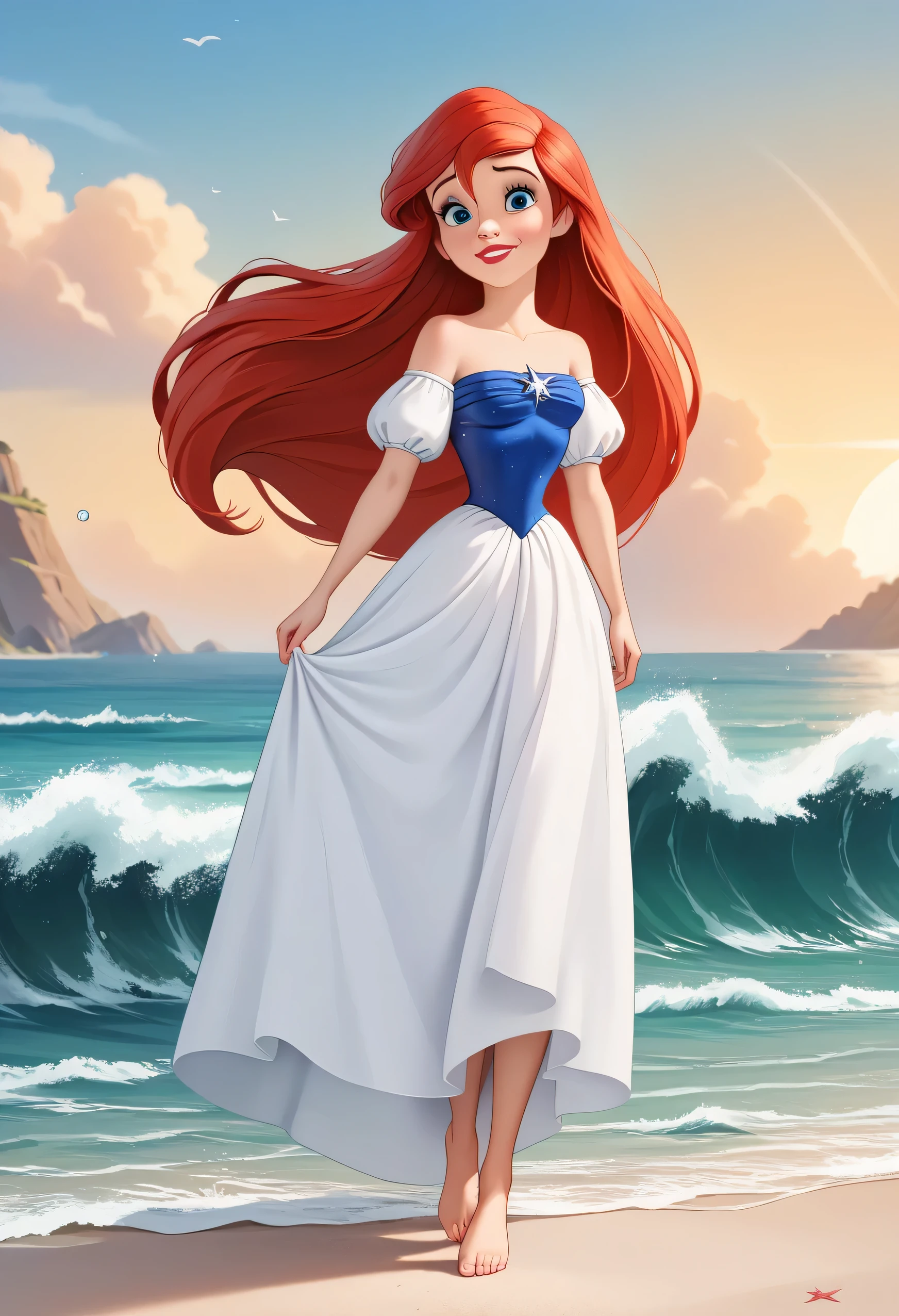 score_9, score_8_up, score_7_up, DisneyAriel, 1girl, red hair, blue eyes, long hair, looking at viewer, on a white strapless off the shoulders ruffle maxi dress, walking barefoot on a sandy beach, waves gently lapping at the shore, vibrant sunrise with pink and orange hues, relaxed and contemplative atmosphere