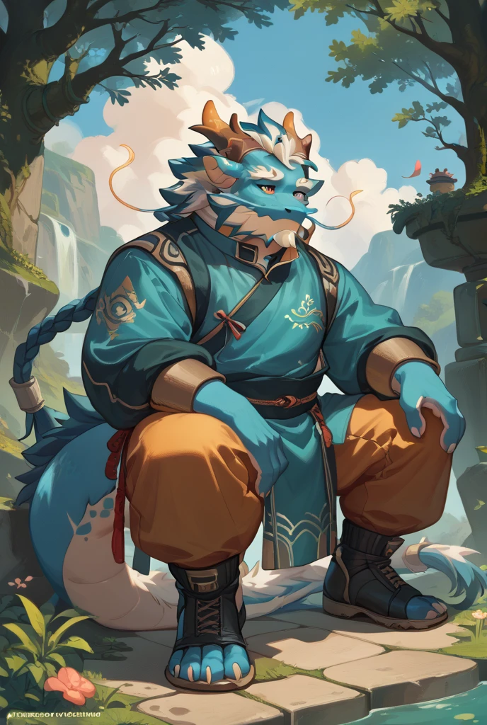 male focus, 1boy, chubby qinglongtas, musclegut, orange eyes, blue fur, tail, blush, sitting, closed eyes, chinese clothes, white pants, tree, by zackarry911, by zaush, (by personalami:0.5), 4k <lora:qinglong-09:0.9>