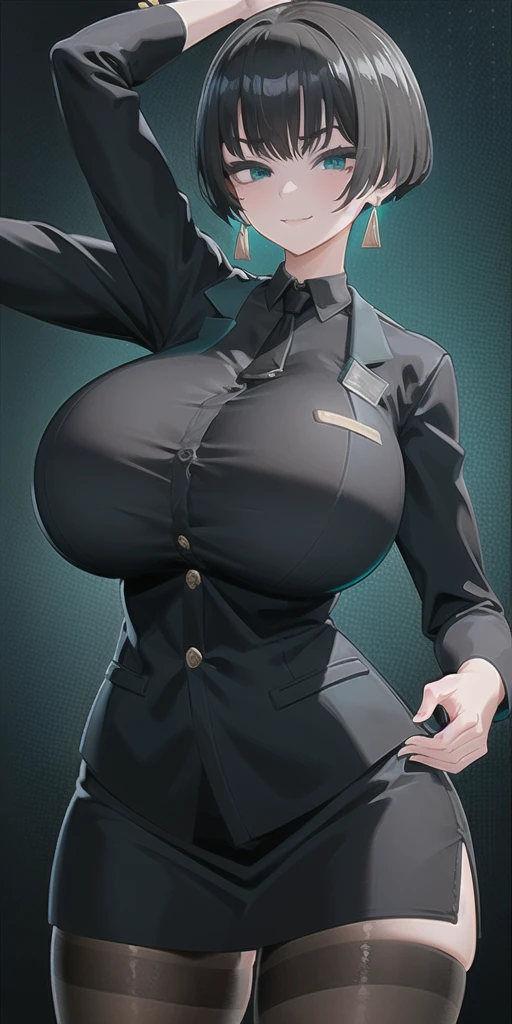 SFW, (Matte texture),　cowboy shot, 1 Secretary to support the viewer, ALLMIND, smug, naughty smile, (black hair), (short bob), earring, (green eyes), (tall and slim:1.3), (sensual body:1.25), (stocky build:1.3), (gigantic breasts), (business suit, black shirt, Fastened buttons, tight skirt, Pantyhose:1.2),  (cyberspace background), masterpiece, high quality, high detail