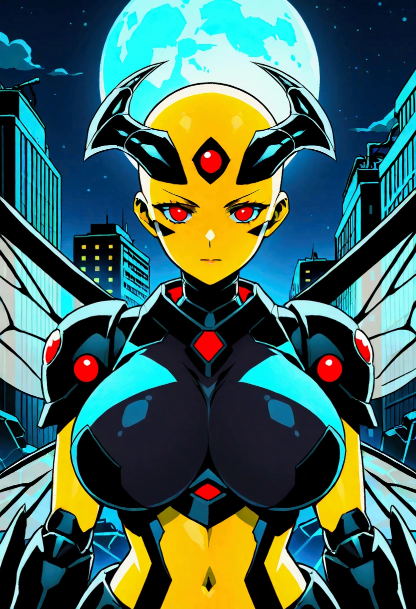 score_9,score_8_up,score_7, source anime, BREAK,1 girl, solo, mech spider girl, machine, arthropod girl, black mech suit, yellow skin, yellow body, long black demon_horn, insect_wings, bald, red-eyes, big large breasts honeycomb outline, black arachnid taur, wasp abdomen, midriff, night sky, post-apocalypse, crumbling city on background, late night, moon, dark alleyway, detailed face, sexy, neutral face, beautiful face, flawless face, detailed eyes, large eyes, looking at the viewer, close-up, half-lenght portrait, 