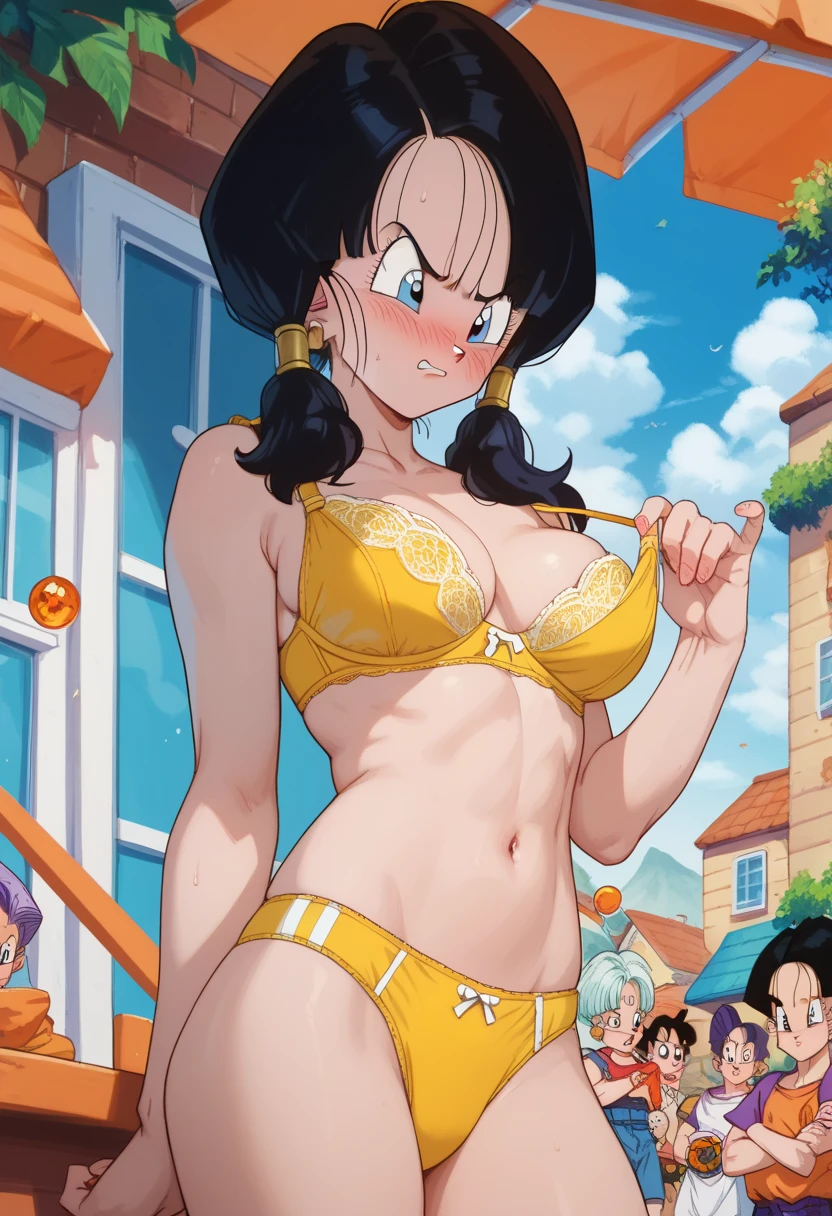 anime coloring pages, beach, blue sky, nature, 1girl, solo, black hair, hair band, short hair, hair between eyes, (blind: 1,2), green eyes, sports top, cleavage, (short shorts, black shorts), standing, back, smile, wide hips, firm ass