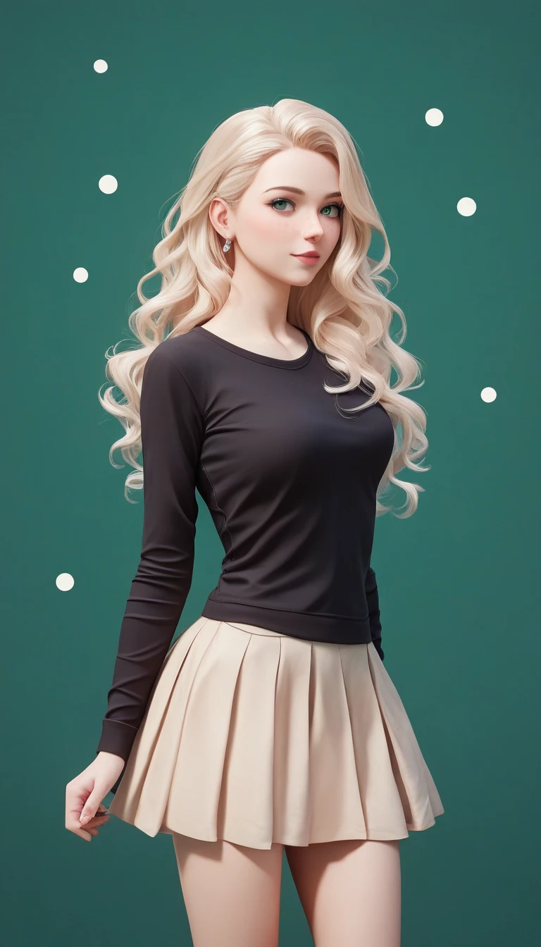 CG K Ultrarealistic ,((premium、8k、32K、masterpiece、NffSW:1.3)), (supene illustration)、(super high resolution), (((adult body))), (masterpiece, Best Quality:1.2),a beautiful girl，Skin details processing..，The eyes are finely described..，delicate hair，long wavy hair，long light hair，She has a big bow on her head.，black sweater，white dots，Skirt，green，clean background