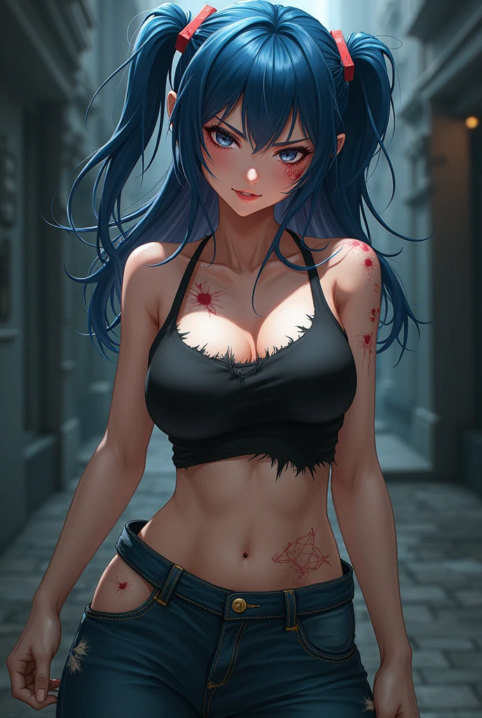 TheSpirit ,((blue skin)),green eyes, solo, upper body, blush, embarrassed, SpiScho, black Long hair,(insanely detailed, beautiful detailed face, masterpiece, best quality), small breast, black stockings, wide hip, huge hip, thighhighs, micro skirt, crop top, underboobs, hairband