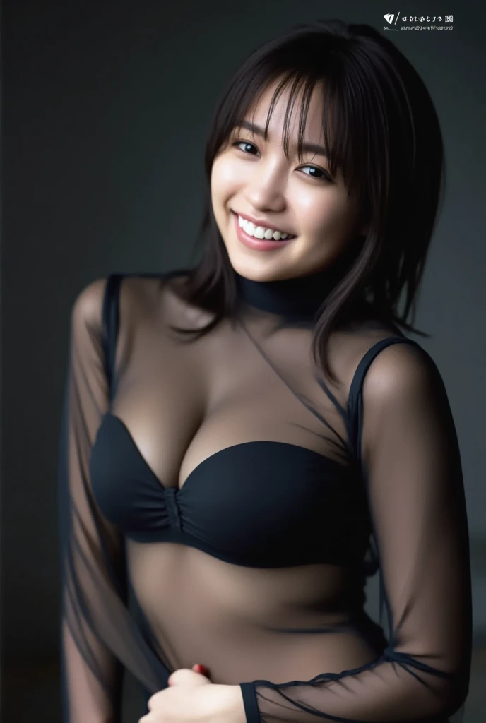 8k, RAW Photo, Best Quality, Masterpiece:1.2),(Realistic, photo-realistic:1.37), Super Detail, Wearing black pantyhose,She is wearing tight thin fitting transparent black long sleeve turtleneck, no skirts, transparent, cinematic lighting, sexy pose, monotone background, facing front, smiling, portrait, dressed up to the belly button, dressed up to the neck
