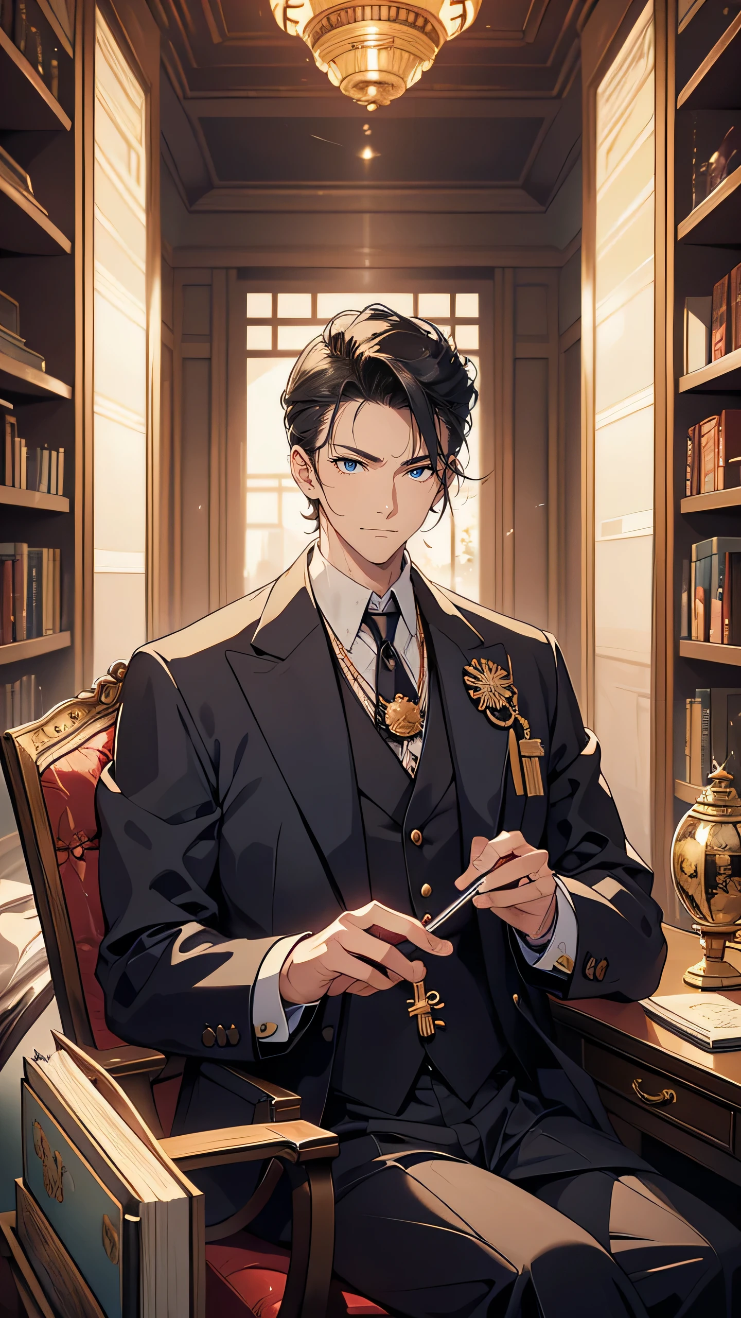  a powerful and calculating politician, sits in an opulent Western-style office during the Taisho era. He is immaculately dressed in a Western suit, his hair slicked back, and a gold pocket watch hanging from his vest. His cold, calculating eyes gaze confidently as he smokes a cigarette, surrounded by rich mahogany furniture and velvet drapes. The room is dimly lit, with a large oak desk and bookshelves filled with law books behind him.

	•	Key elements: Taisho-era politician, Western suit, cold and confident expression, cigarette, rich office interior, velvet drapes, oak desk.