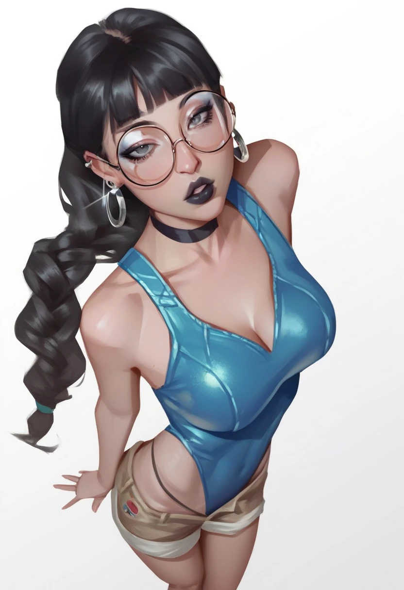 Lara croft costume, blue swimsuit, beige  denimn shorts. smudgy, traditional art, liu2, brush texture, score_9, score_8_up, score_7_up, 1girl, black hair, braids, straight hair, long hair, grey eyes, thick lips, small, long eyelashes, half-closed eyes, black-framed eyewear, round eyewear, lata croft costume, black choker, blunt bangs, adult, black eyeliner, large breasts, ear piercing, black lips, grey eyeshadow, looking at viewer, BREAK solo, standing, adult, skinny, highleg, arched back, thigh gap, BREAK (white background:1.2), simple background, dynamic pose, dynamic angle, angled shot,