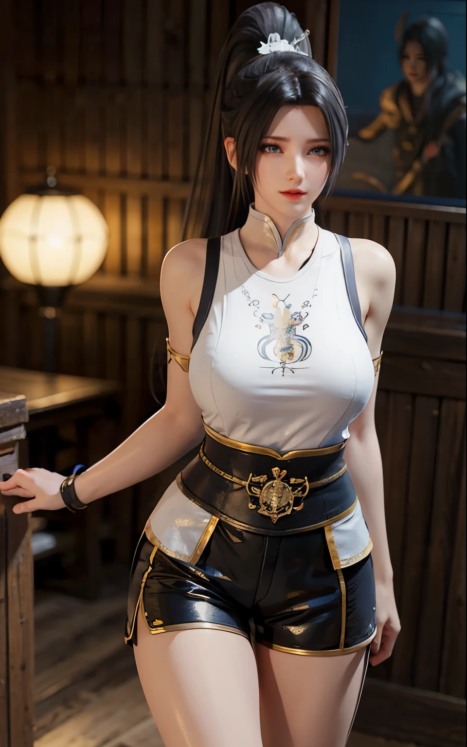 Cartoon character with sword and text on dark background, Blade and Soul, from ncsoft, Startup Screen art, PC games with UI, Startup Screen, Amazing splash screen art, game critical art, Loading Screen, Loading Screen, Loading Screen”, Character ink art, Wang Chen, critical art, yasuke 5 0 0 px Model,Close-up of miss wearing white mask, Beautiful character painting, guweiz, Gurwitz-style artwork, White-haired god, author:Yang Jie, Epic and beautiful character art, Stunning character art, author:Fan Qi, by Wuzhun Shifan, pixiv Art Street Guviz, Single ponytail, insult, High Ponytail, Tall and big, Long legs, (sleeveless lace shirt), (shorts), (Striped )), ((Striped )), Walk, elegant, dignified, miss, Beautiful curves, sweet smile, Strong sense of detail and layering, Rich and colorful color, Has a unique texture, rich and colorful, color, vivid, Design Art, 16K, Super detailed, {{illustration}}, {Extremely refined}, {Exquisite surface treatment}, Super detailed, Delicate and shining eyes, {{Light}}, Ultimate light effect, Model: realism, CFG size: 12, Laura: Bright texture (1.35), high quality, masterpiece, Exquisite facial features, Delicate hair depiction, Detailed depiction of the eyes, masterpiece, best quality, Light line tracing, Extremely detailed CG unified 8k wallpaper, masterpiece, best quality, (1 girl), Perfect Miss Body, (((tight white t shirt))), (Delicate face), short black hair, Tie your hair up, Light blue hairpin, (White skin), (Optimal Lighting), (Super intricate details), 4k unity, (Super detailed CG), Showing off her white legs, , Hot Pants, shorts,