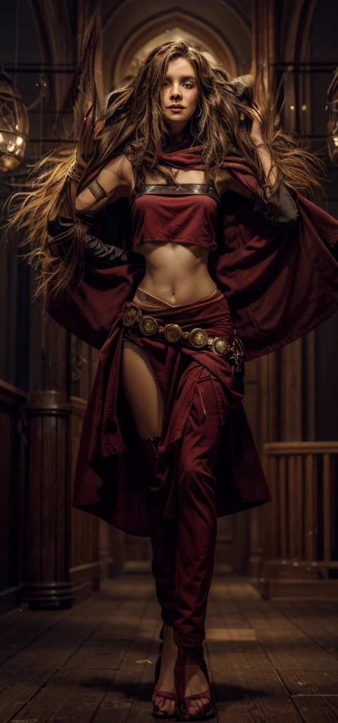 Highest quality、masterpiece、8K、Realistic、超High resolution、Very delicate and beautiful、High resolution、Fantasy、Muscle Girl、Perfect female body、Beautiful woman、Mature Woman、Red hair、long hair、Six Pack、One tattoo、Earrings、Toned body、big 、Cape、Tank top、I can see your belly、pants、boots、cigarette、Wild Pose、Full body emphasis、Simple Background、Angry、Fighter