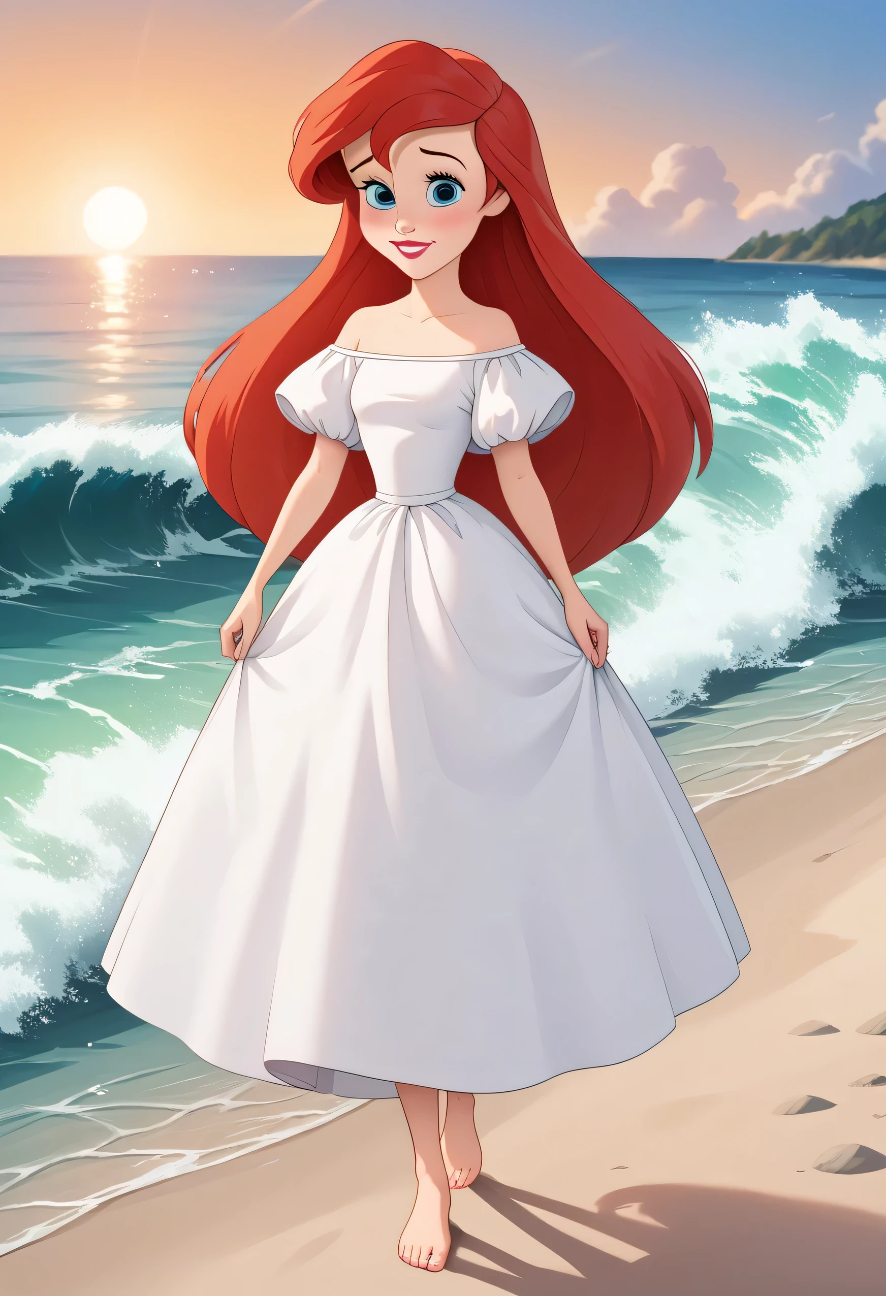 score_9, score_8_up, score_7_up, DisneyAriel, 1girl, red hair, blue eyes, long hair, looking at viewer, on a white strapless off the shoulders ruffle maxi dress, walking barefoot on a sandy beach, waves gently lapping at the shore, vibrant sunrise with pink and orange hues, relaxed and contemplative atmosphere