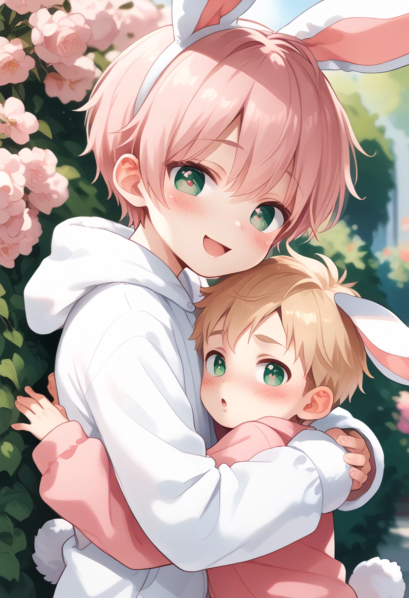 Comic style, comic anime cute boy, pink hair, green eyes, slightly blushing, is a primary school boy, baby clothes, bunny suit pink, cute face, big eyes, anime drawing style, shota boy size,slim body, boy's body, gay, boys love it, man and boy, heart in pupil baby boy, small boy, Hug From Behin, hugging boyfriend blonde 