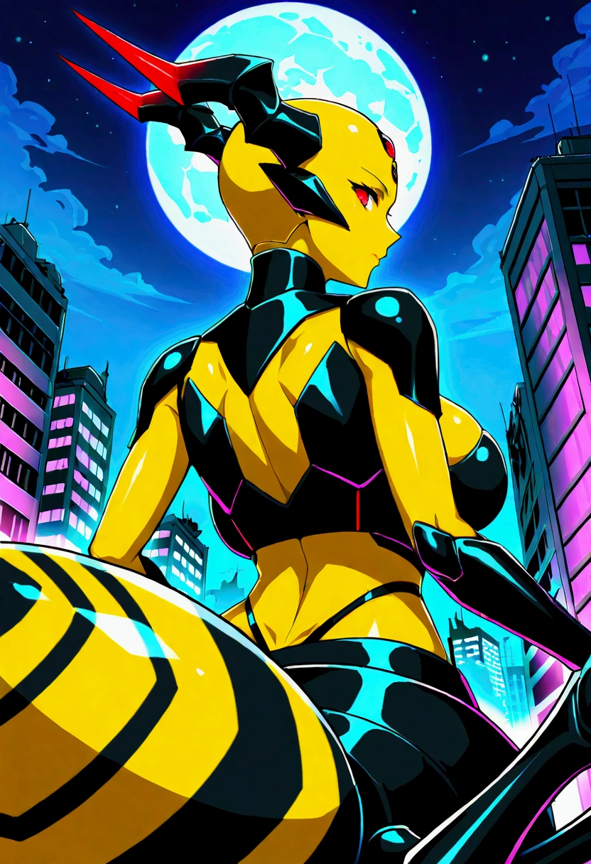 score_9,score_8_up,score_7, source anime, BREAK,1 girl, solo, mech spider girl, machine, arthropod girl, black mech suit, yellow skin, yellow body, long black demon_horn, insect_wings, bald, red-eyes, big large breasts honeycomb outline, black arachnid taur, wasp abdomen, midriff, night sky, post-apocalypse, crumbling city on background, late night, moon, dark alleyway, detailed face, sexy, neutral face, beautiful face, flawless face, detailed eyes, large eyes, looking at the viewer, close-up, half-lenght portrait, from behind, back, rear back,