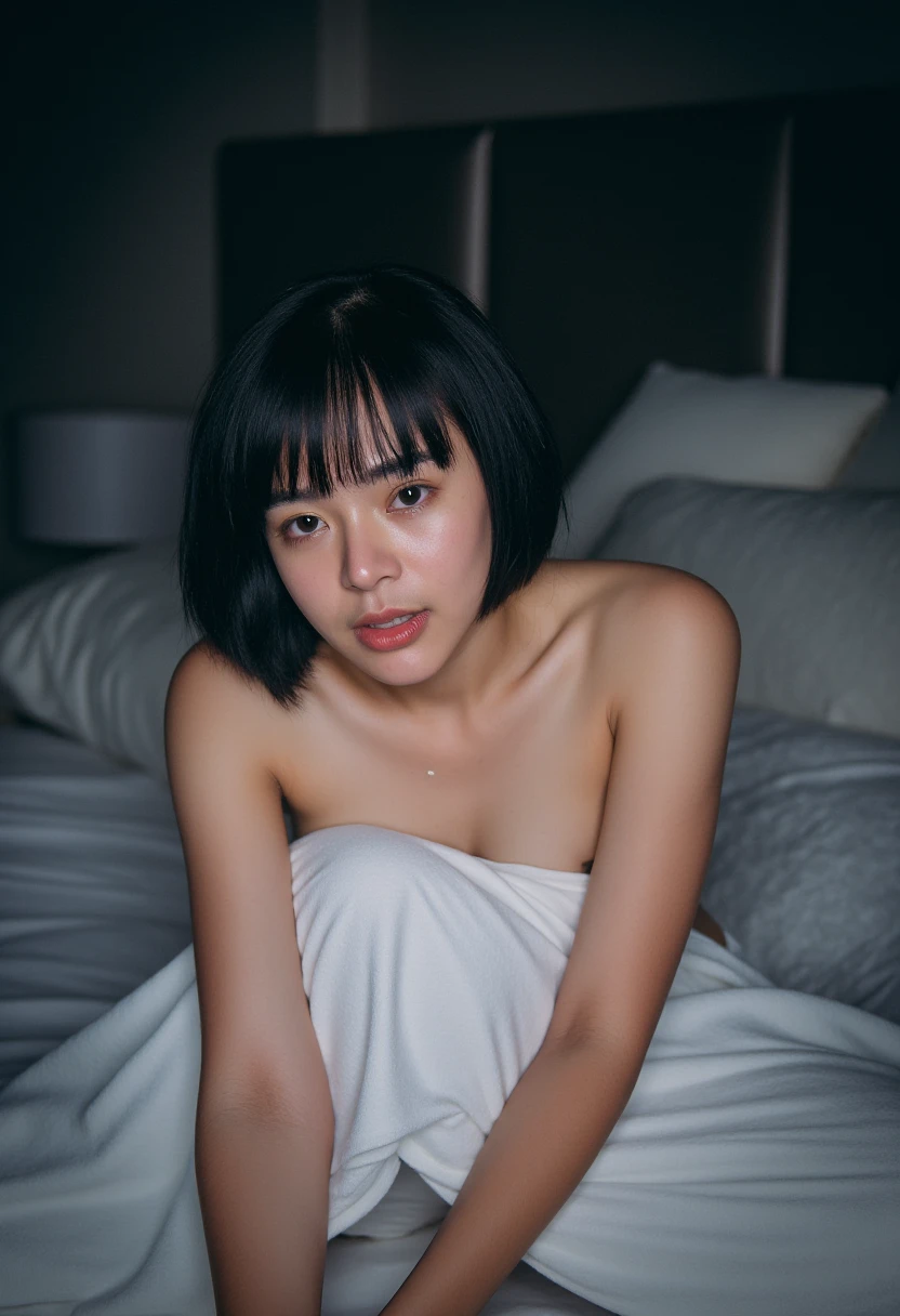 Best quality, 8k, 32k, raw photo, photorealistic, UHD:1.2),lifelike rendering, (upper body portrait:1.2), 1girl, 24yo, stunning, (short hair), double eyelids, highly detailed glossy blue eyes, detailed facial, perfect round medium breasts, nice hands, (pale skin:1.2), clean skin, (dark bedroom:1.3), pillows, bed, sharp focus, sexy face, expressive eyes, smile, (hands blocking on tits), look at camera, detailed facial, (chest focus:1.2), messy hair, naked body wrapped by huge bath towel, (white cotton thick bath towel:1.2), cleavage, detailed fabric rendering, (low key, dark theme, in the dark:1.3),epiC35mm