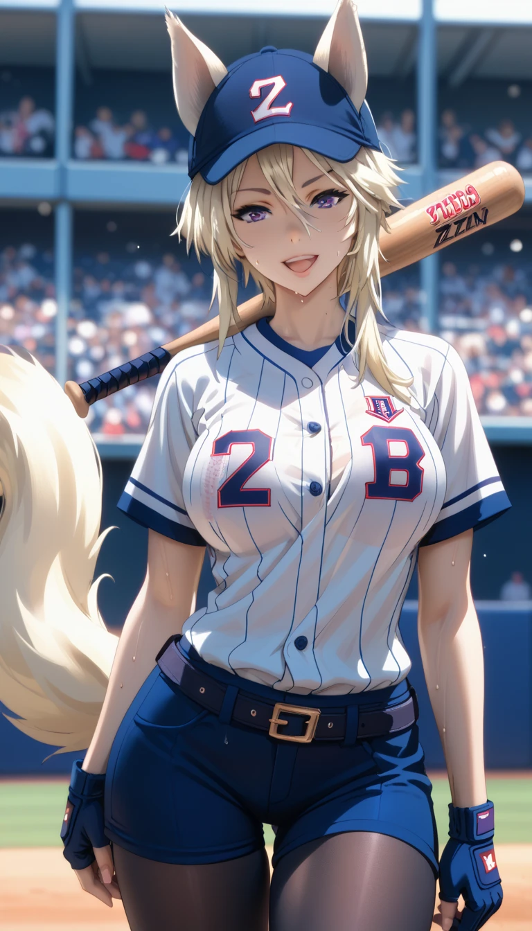 Tall girl, Fit girl,score_9, score_8_up, score_7_up, score_6_up, uncensored, ultra-detailed, 1girl, zeta, perfect face, animal ears, purple eyes, blonde hair, tail, large breasts, 1girl, baseball_bat, baseball_uniform, hat, sportswear, shorts, breasts, belt, baseball_cap, open_mouth, sweat, pantyhose, holding, solo_focus, clothes_writing, seductive smile, looking at viewer