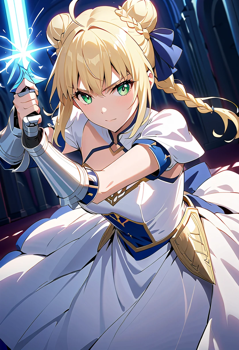  Altria Pendragon \(fate\)、Blonde、Green Eyes、Ahoge、 side lock、 bun hair 、シングル bun hair 、 braids 、 dress、ribbon、ヘアribbon、armor、 gauntlet 、armor付き dress、