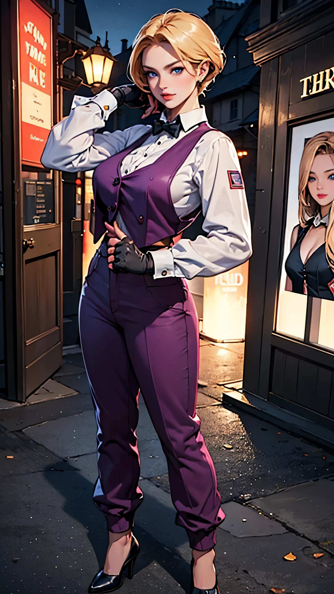 Full body, Solo, female, sexy bouncer, ultra fine official art, ultra detailed 3D rendering,( standing for ready to fight, in front of bar entrance), detailed seductive beautiful face, smirky facial, (detailed eyes, blue eyes), elegant makeup, blonde, detailed beautiful short hair, athlete body , curvy, slim, medium breasts, (deep purple vest and slacks, detailed description), (extremely detailed depictions in background, outdoor, bar entrance, night sky, enemies, in background), ((best quality,4k,8k,highres,masterpiece:1.2),ultra-detailed, (realistic, photorealistic,photo-realistic:1.37),HDR,UHD, incredibly absurdres, studio lighting,ultra-fine painting,sharp focus, physically-based rendering, extreme hyper detail descriptions in the artwork, professional, vivid colors, perfect anatomy), kingms, 1girl, solo, gloves, bow, fingerless gloves, pants , shirt, vest, suspenders