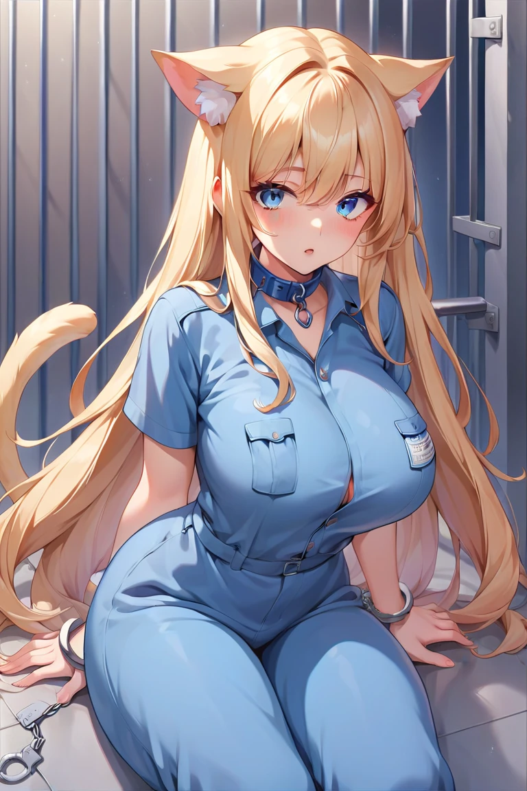 Anime girl prisoner, sexy, handcuffs, chained, oversized boobs, leg irons, blue eyes, long hair, blue eyes, prisoner jumpsuit, prison cell, shock collar, milf, thick thighs, catgirl