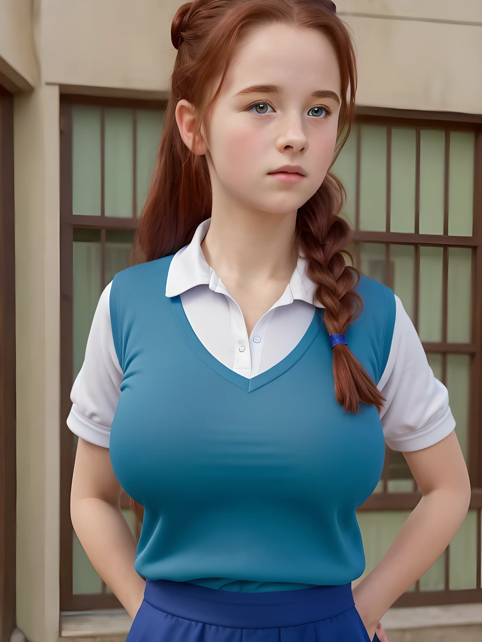 (best quality,4k,8k,highres,masterpiece:1.2),ultra-detailed,(realistic,photorealistic,photo-realistic:1.37), ((mittelalter, gym, a young school girl, she wears PE uniform, solo, shy)), ((very large bust size for her young age)), sagging breasts, braided red hair, pale skin
