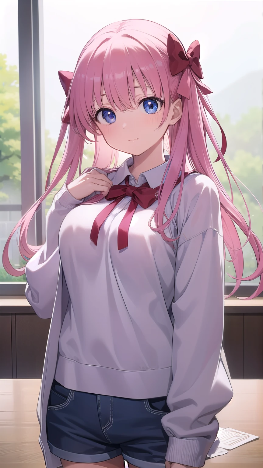 Glowing light pink，hair and pupils，Pink school uniform, and white，Sweet loli girl，The whole thing is shiny