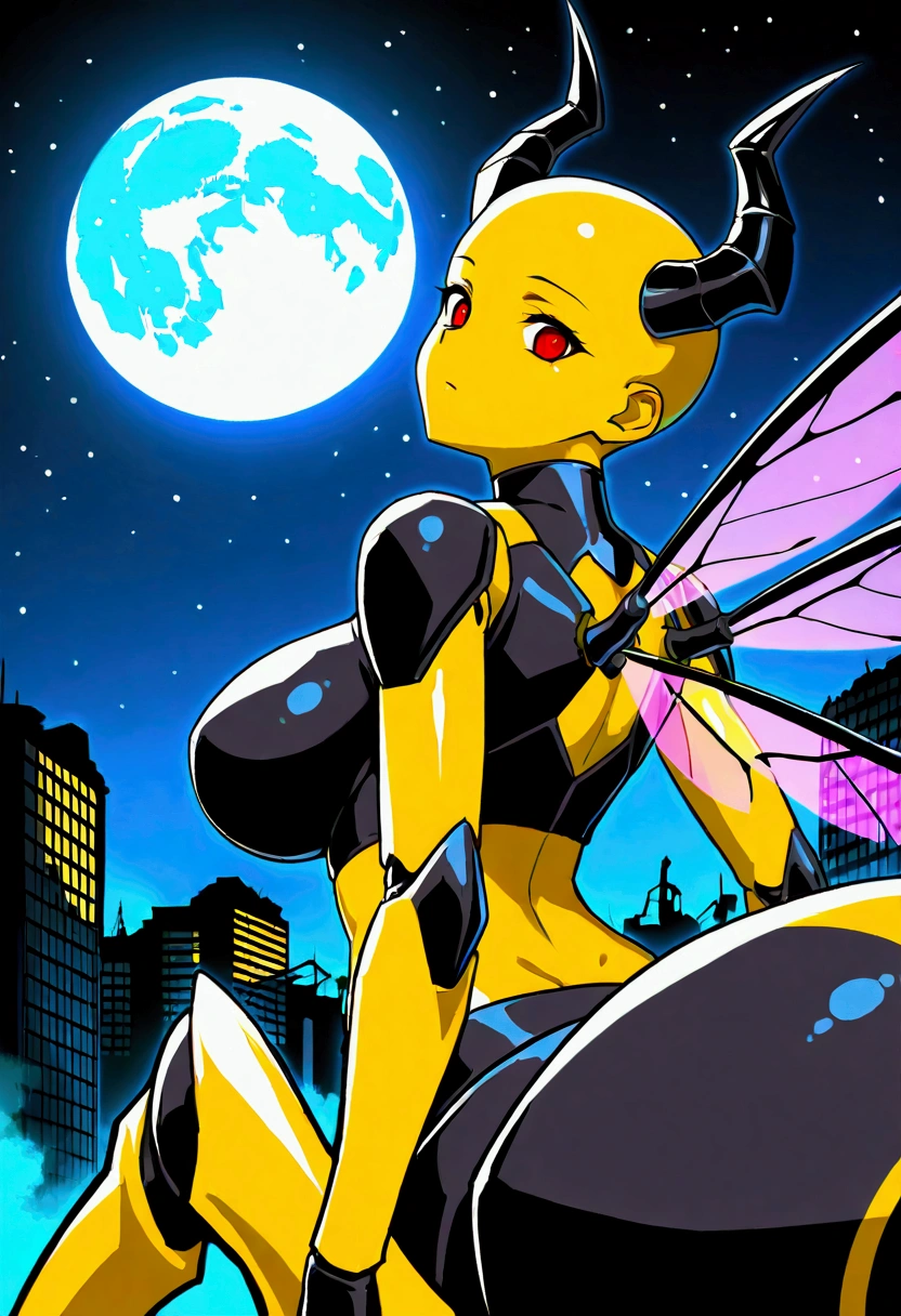 score_9,score_8_up,score_7, source anime, BREAK,1 girl, solo, mech spider girl, machine, arthropod girl, black mech suit, yellow skin, yellow body, long black demon_horn, insect_wings, bald, red-eyes, big large breasts honeycomb outline, black arachnid taur, wasp abdomen, midriff, night sky, post-apocalypse, crumbling city on background, late night, moon, dark alleyway, detailed face, sexy, neutral face, beautiful face, flawless face, detailed eyes, large eyes, looking at the viewer, close-up, half-lenght portrait, from behind, back, rear back,