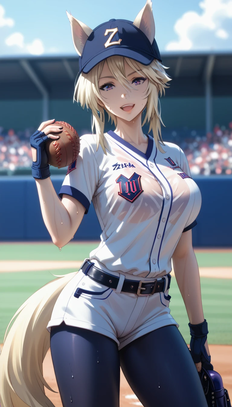 Tall girl, Fit girl,score_9, score_8_up, score_7_up, score_6_up, uncensored, ultra-detailed, 1girl, zeta, perfect face, animal ears, purple eyes, blonde hair, tail, large breasts, 1girl, baseball_uniform, hat, sportswear, shorts, breasts, belt, baseball_cap, open_mouth, sweat, pantyhose, holding, solo_focus, clothes_writing, seductive smile, looking at viewer