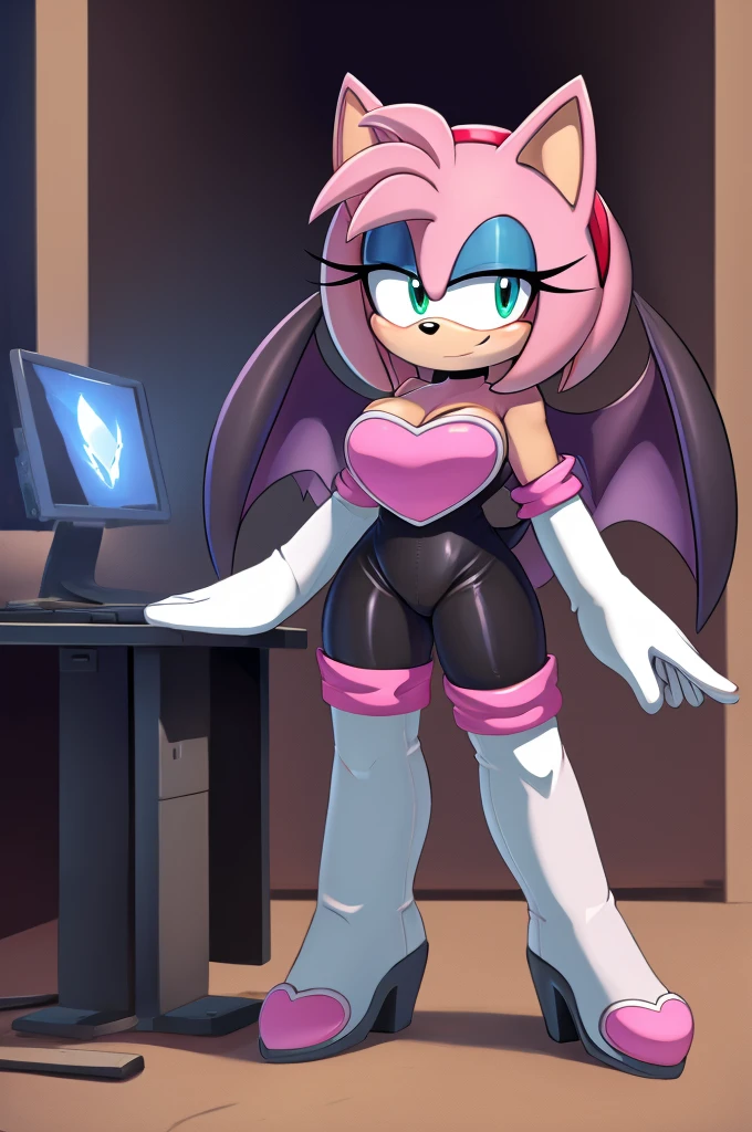 score_9, score_8_up, 2D, flat color, looking at viewer, (1girl), (solo), very detailed, extremely detailed, Amy Rose from the sonic the hedgehog series, portrait, seductive smile, hair down, hair bangs, medium breast, milf, Rouge cosplay, cosplay, Rouge the Bat outfit, she wears a black skin-tight and strapless low-cut jumpsuit, a pink heart-shaped chest plate outlined with thin white trim, elbow-length white gloves and thigh-high high-heeled boots with pink cuffs to match them, with the latter featuring both gray soles and heels, along with steel toes in the appearance of pink hearts, matching her jumpsuit's chest plate, bat wings, standing inside the Batcave of Batman, with computer works, and Batmobile, Masterpiece, high quality, 
