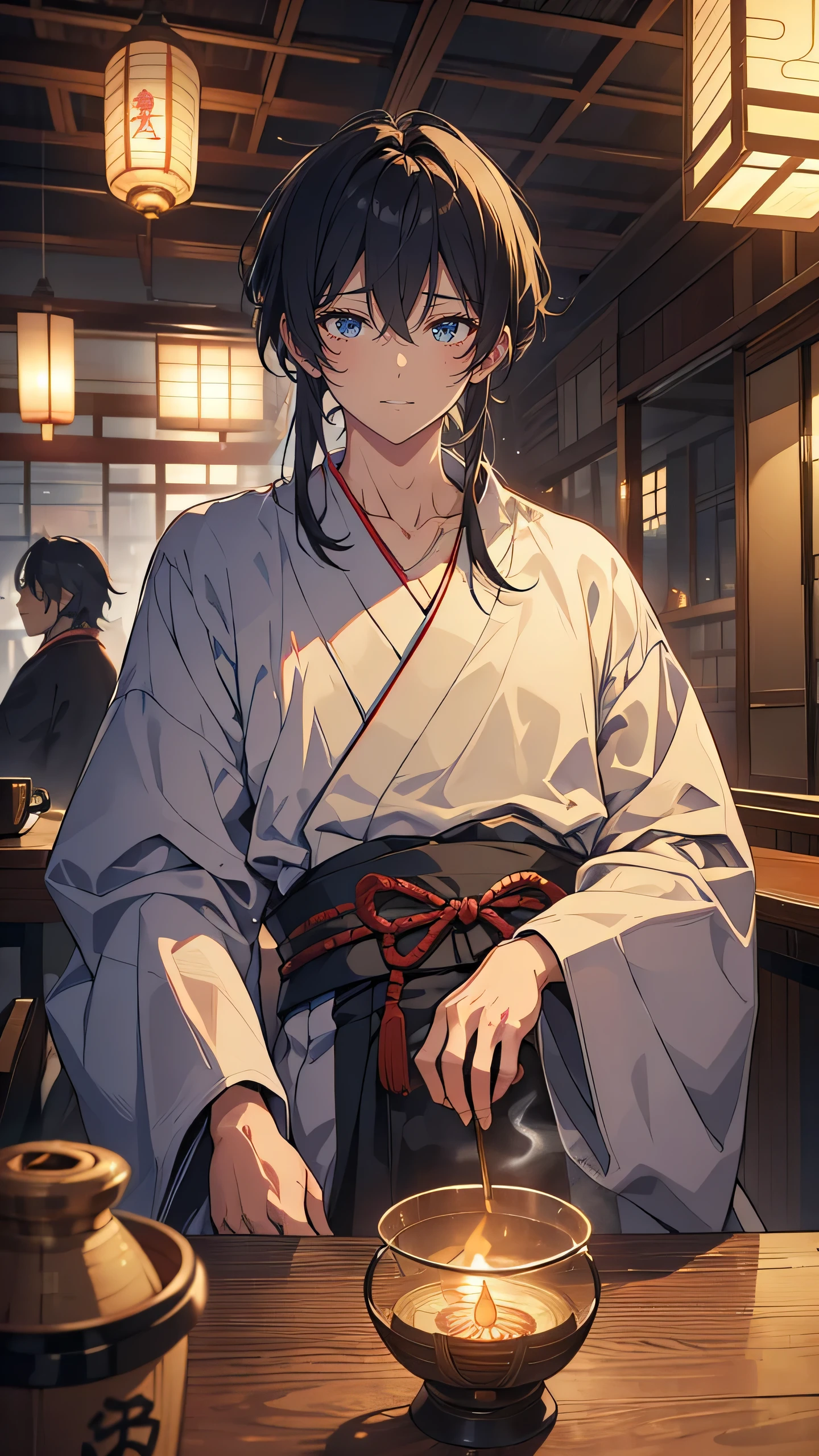 a once-great author now fallen into despair, slouches at a wooden table in a smoke-filled Taisho-era café. His unkempt hair and weary eyes reflect his internal struggle as he absentmindedly stirs a cup of sake. He wears a disheveled kimono, with ink stains on his sleeves. Surrounding him are other intellectuals, their discussions drowned out by Tanabe’s own thoughts, as the soft glow of a nearby lantern casts long shadows on his face.
• Key elements: Taisho-era author, disheveled kimono, weary and defeated expression, smoke-filled café, sake, soft lantern light.