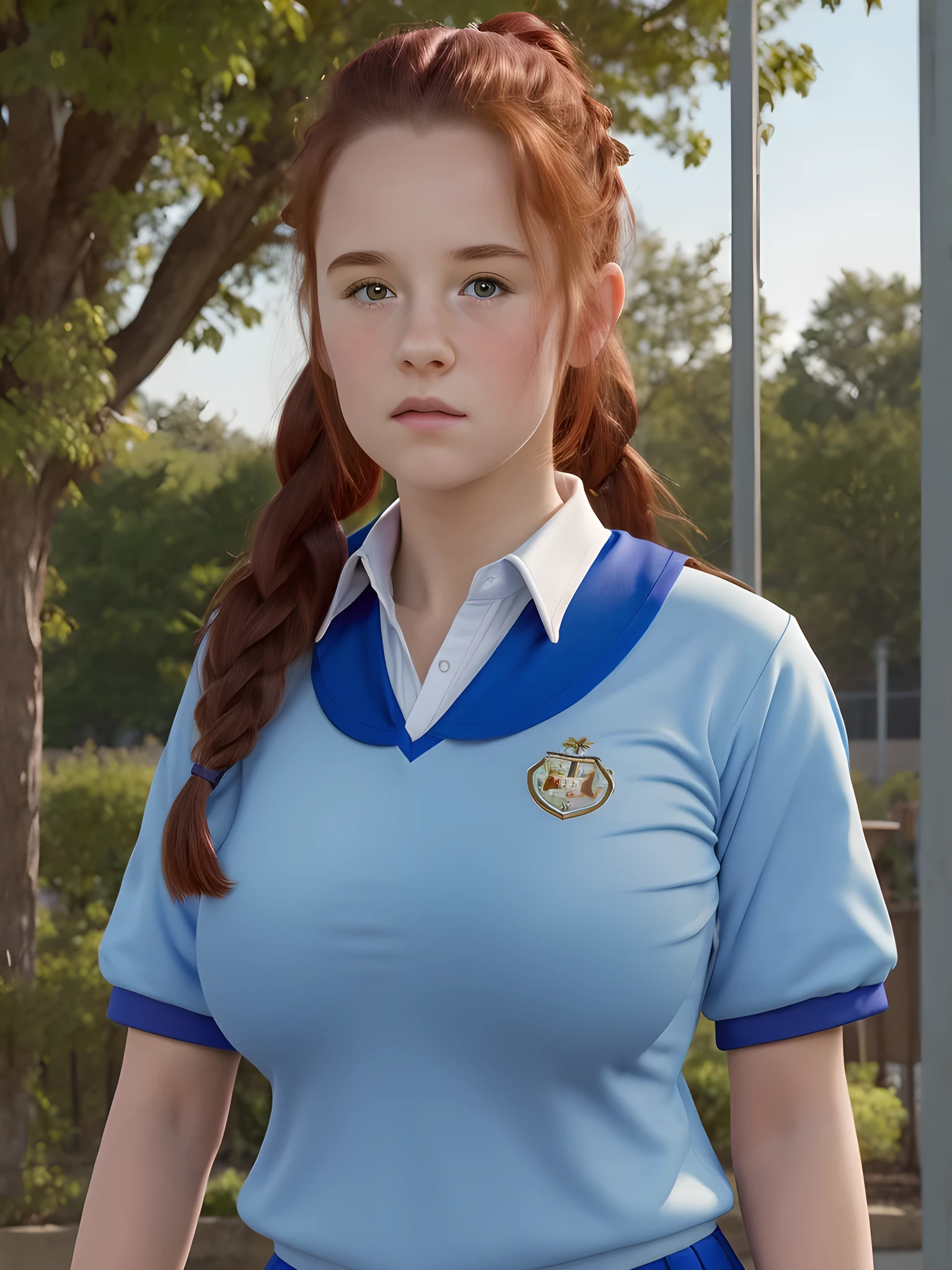 (best quality,4k,8k,highres,masterpiece:1.2),ultra-detailed,(realistic,photorealistic,photo-realistic:1.37), ((mittelalter, gym, a young school girl, she wears PE uniform, solo, shy)), ((very large bust size for her young age)), sagging breasts, braided red hair, pale skin